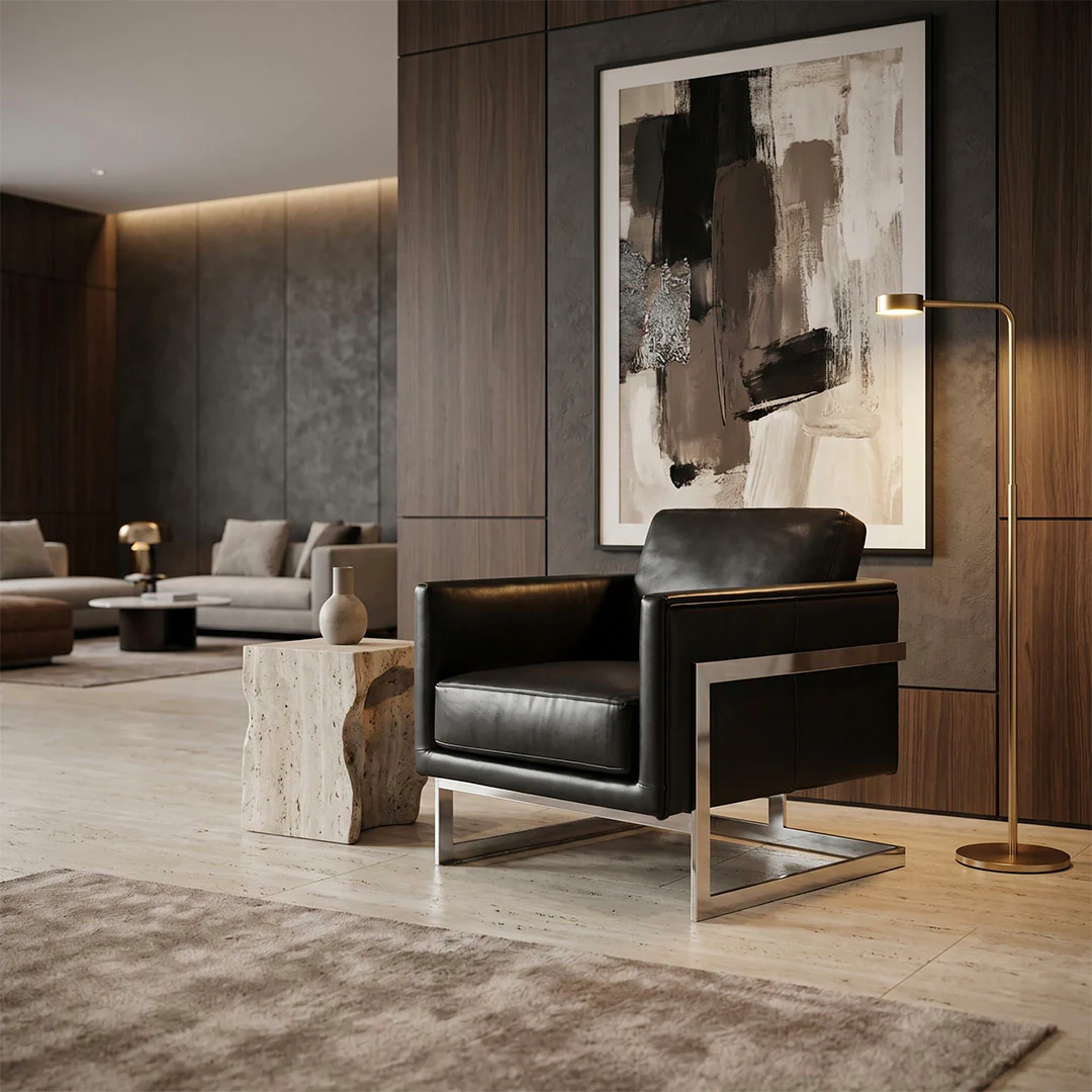 Moorizon Cove 26¾" Wide Full-Grain Oiled-Wax Leather Lounge Chair, Stainless Steel Frame, Deep Seat with High-Resilience Cushion, for Living Rooms, Offices & Hotel Lobbies detail image 6