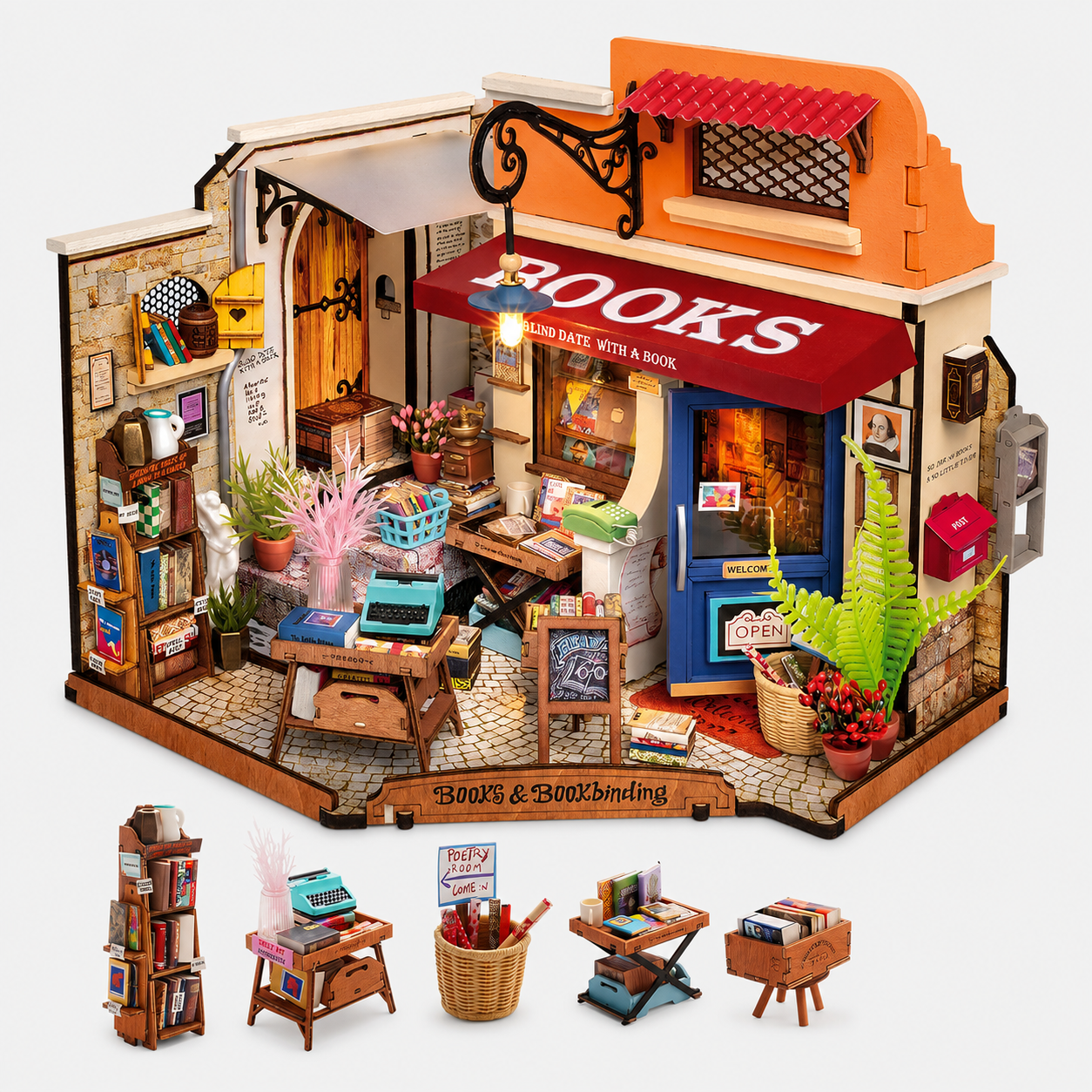 Rolife Corner Bookstore DG164 Miniature DIY Kit — 3D Wooden Puzzle Mini Bookshop, 108 Pieces with LED, Desktop Decoration for Book Lovers & Miniature Enthusiasts