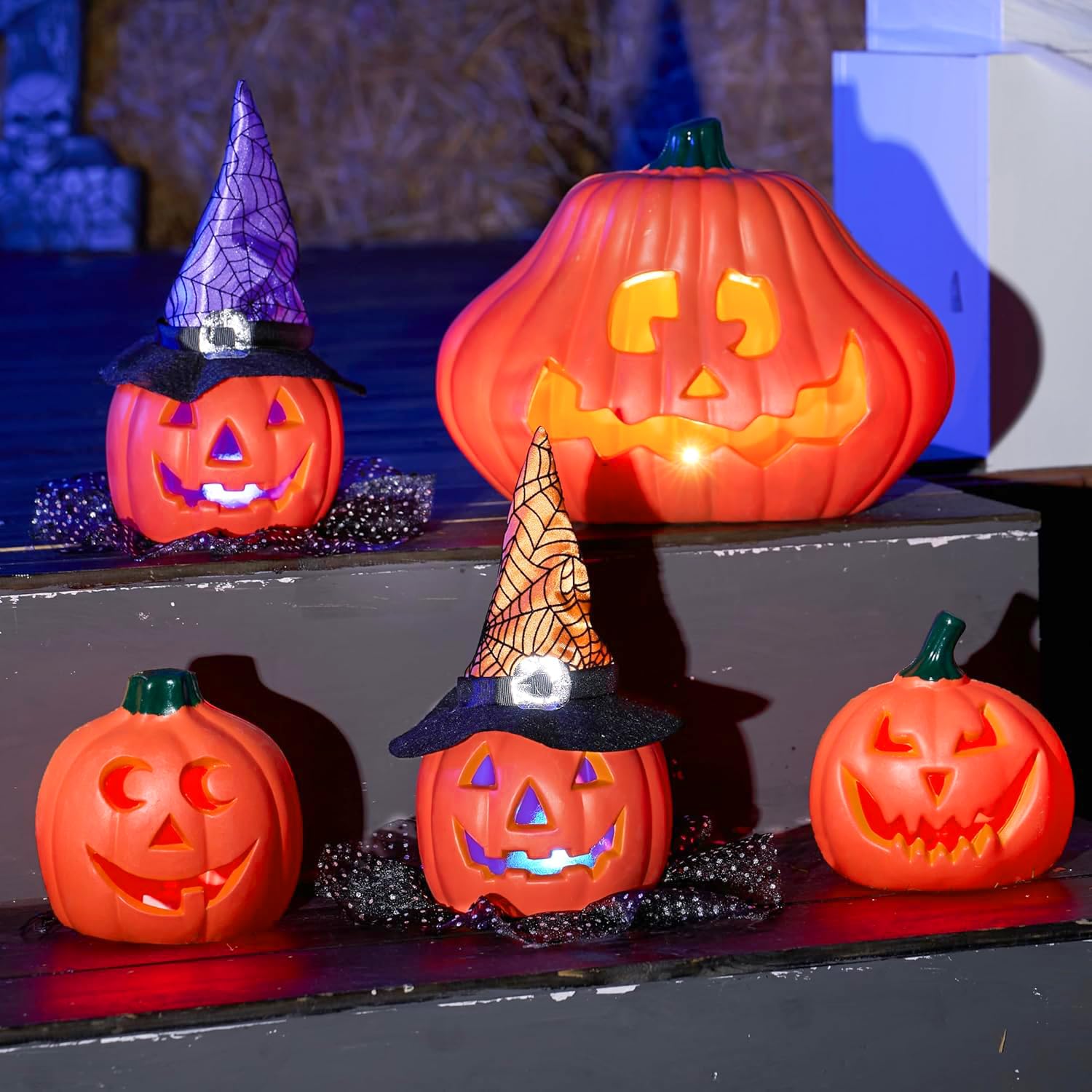 JOYIN 5-Piece Light-Up Halloween Pumpkin Decorations (Indoor/Outdoor, Battery-Powered, Multicolor Lights)