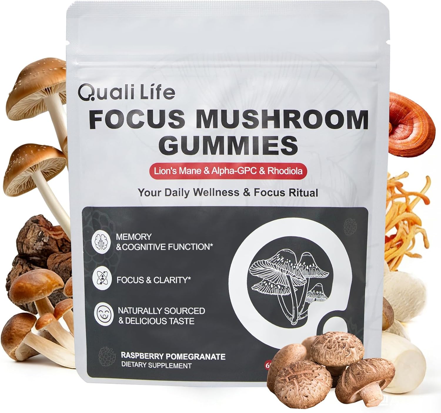 Qualilife Mushroom Gummies with Lion’s Mane, Alpha-GPC & Rhodiola - 12 in 1 Mushroom Complex Supplement with Reishi, Cordyceps, Chaga & Turkey Tail – Brain Focus & Memory Support, 30 Servings