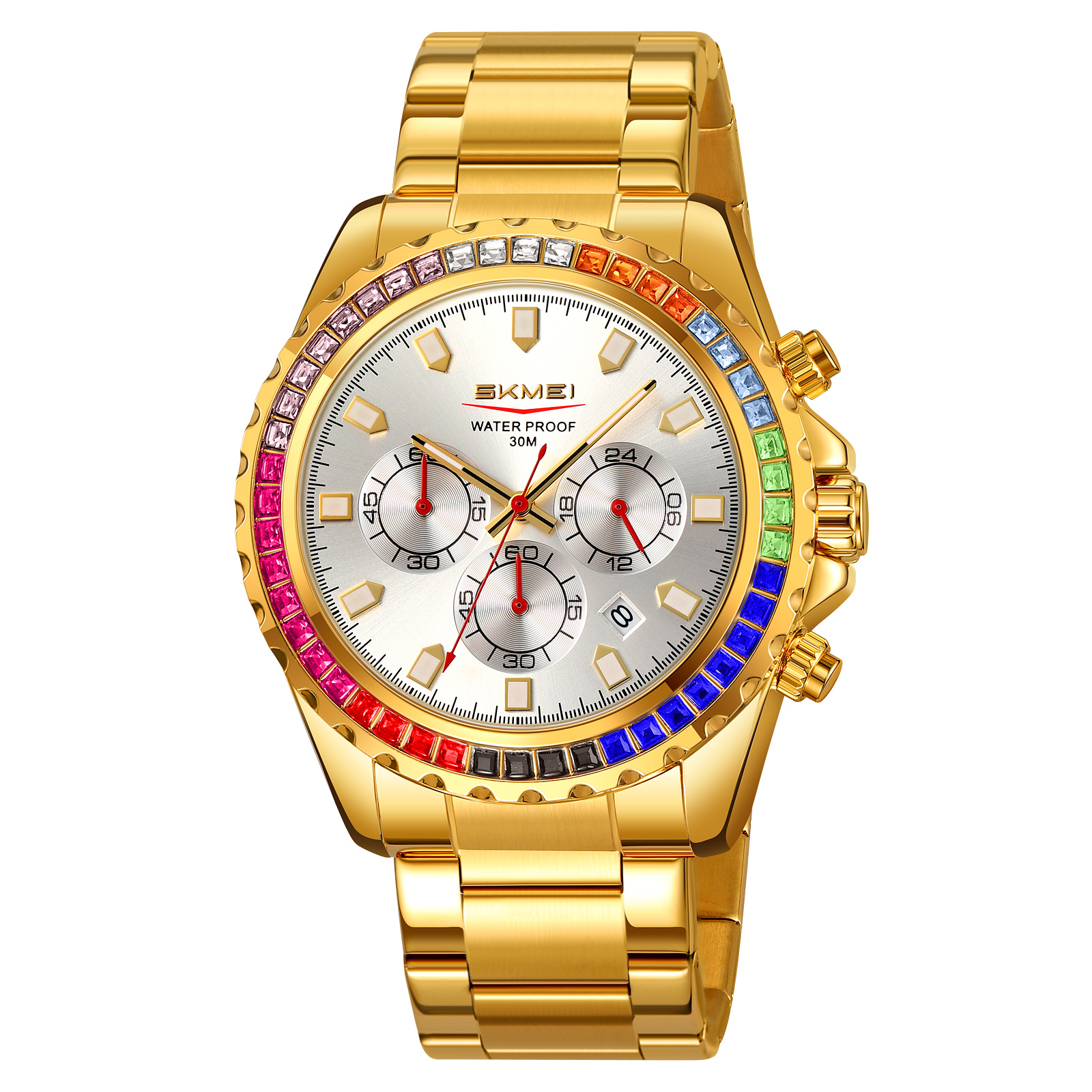 SKMEI 9356 Series Men's Quartz Watch with Colored Crystal Bezel — Business Casual, 30M Water Resistant, Multi-function Chronograph, Gift-worthy