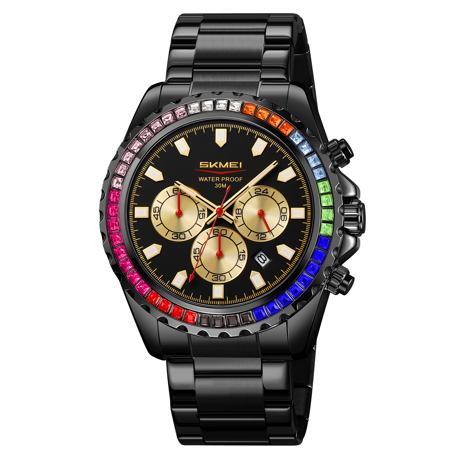 SKMEI 9356 Series Men's Quartz Watch with Colored Crystal Bezel — Business Casual, 30M Water Resistant, Multi-function Chronograph, Gift-worthy