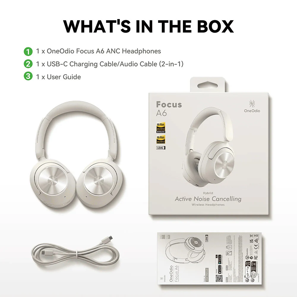 OneOdio Focus A6 — 75H Battery, −48dB Hybrid Active Noise Cancelling Bluetooth Over-Ear Headphones, Hi-Res LDAC Sound, Bluetooth 6.0 — Ideal for Commuting, Travel, Office and Music detail image 11