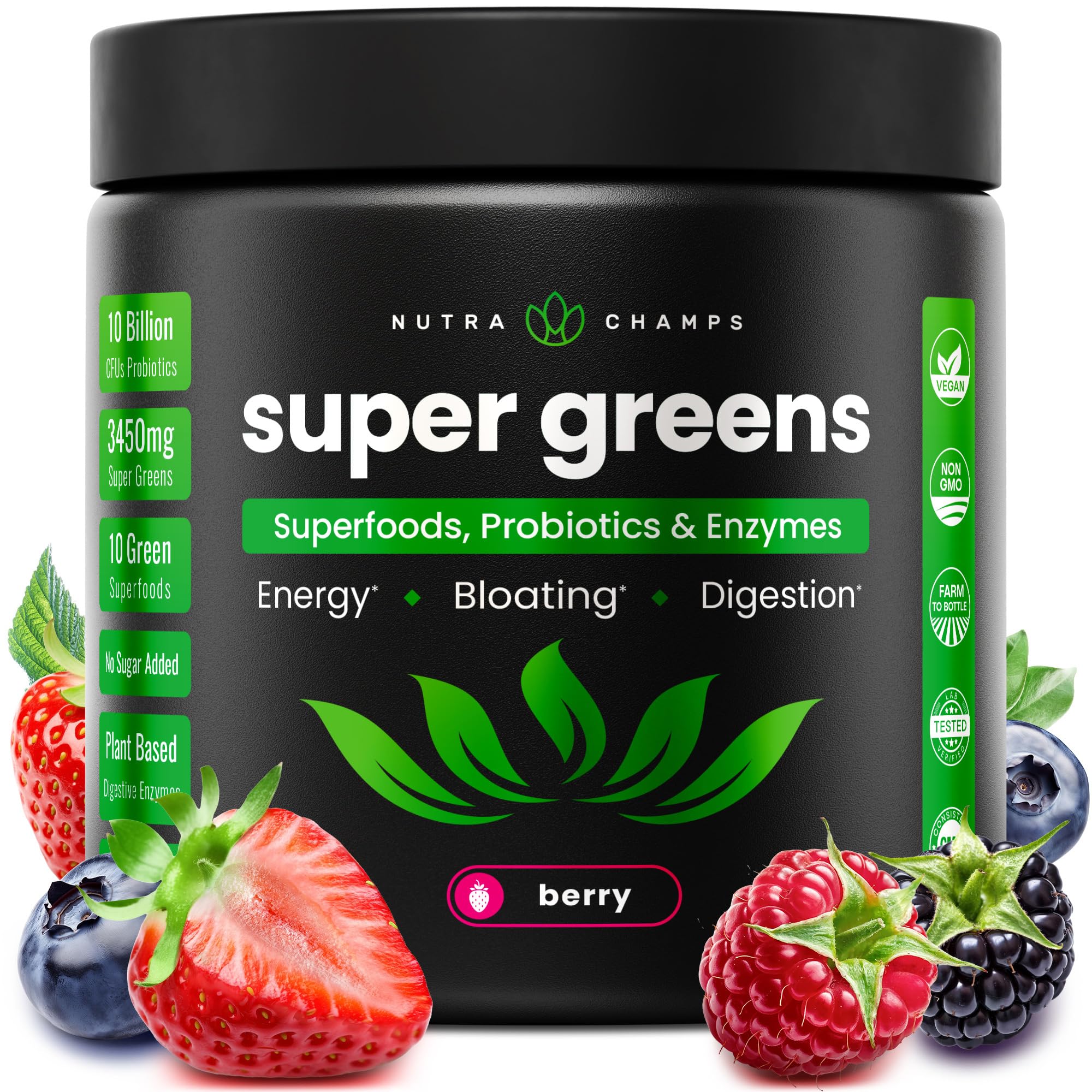 SuperGreens Powder — 40+ Organic Superfoods with Probiotics & Enzymes for Energy, Digestion & Gut Health — Organic Fruit & Veggie Drink Mix