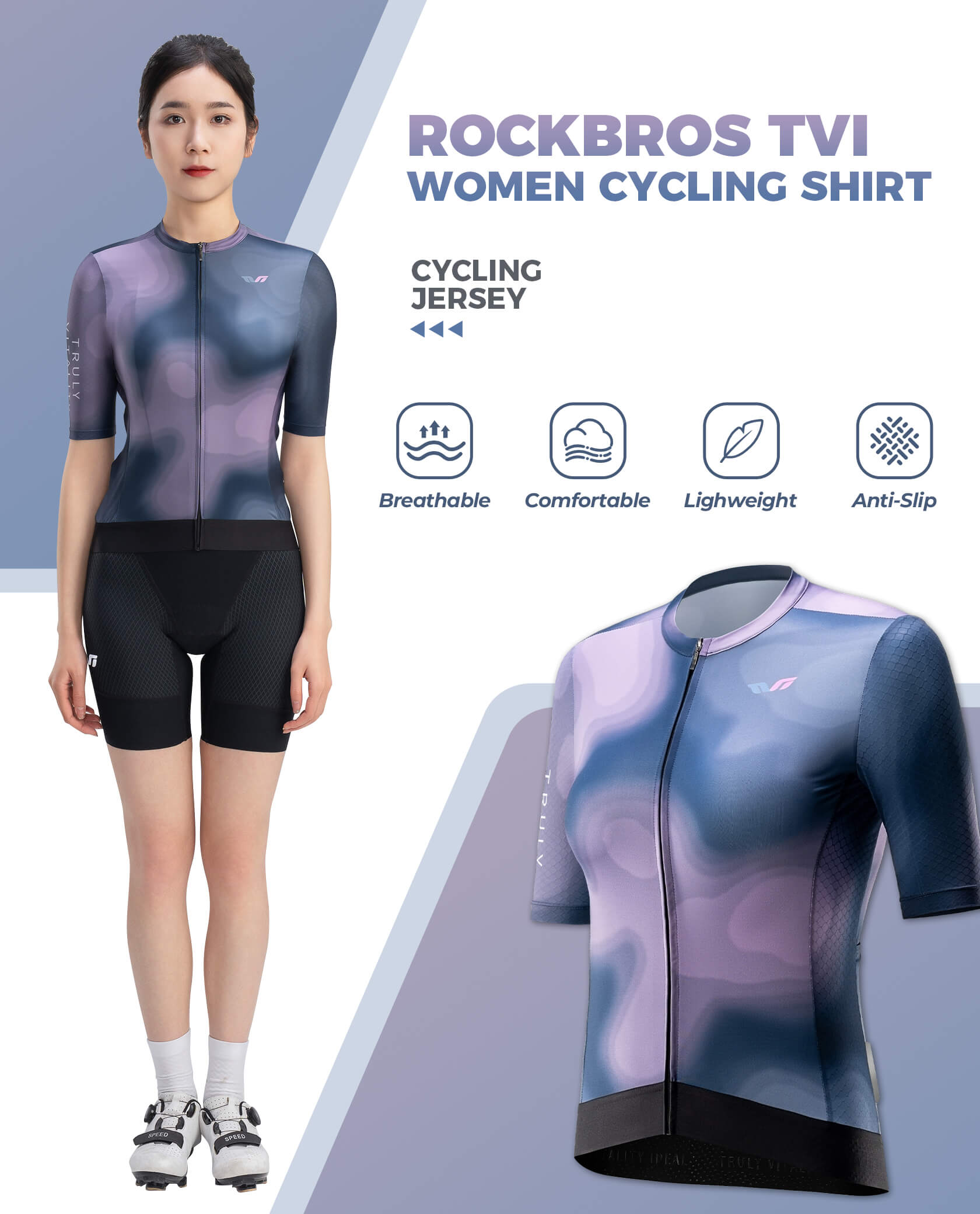 ROCKBROS TVI Women's Cycling Jersey Short Sleeve, Blue Purple Gradient Bike Shirt, Quick Dry Breathable Moisture Wicking Bicycle Top for Road Bike MTB Outdoor Riding detail image 2