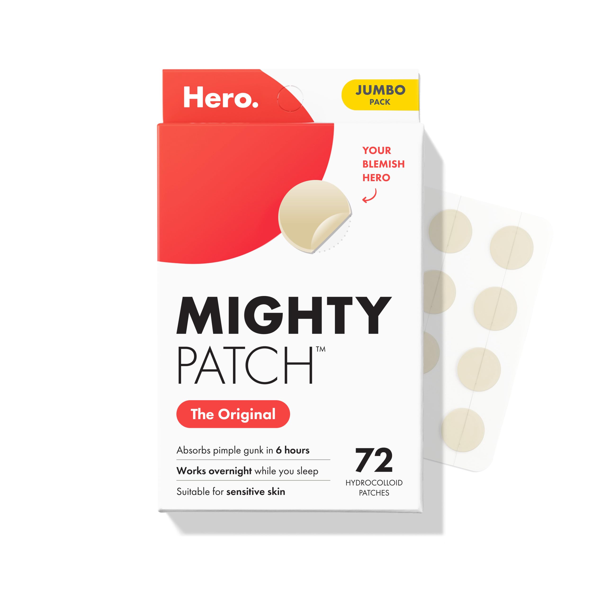 Mighty Patch Hero Cosmetics Original Night Acne Patches, 72pcs | Medical-Grade Hydrocolloid, Reduces Pimples & Whiteheads in 6–8 Hours, Invisible Facial Spot Patches