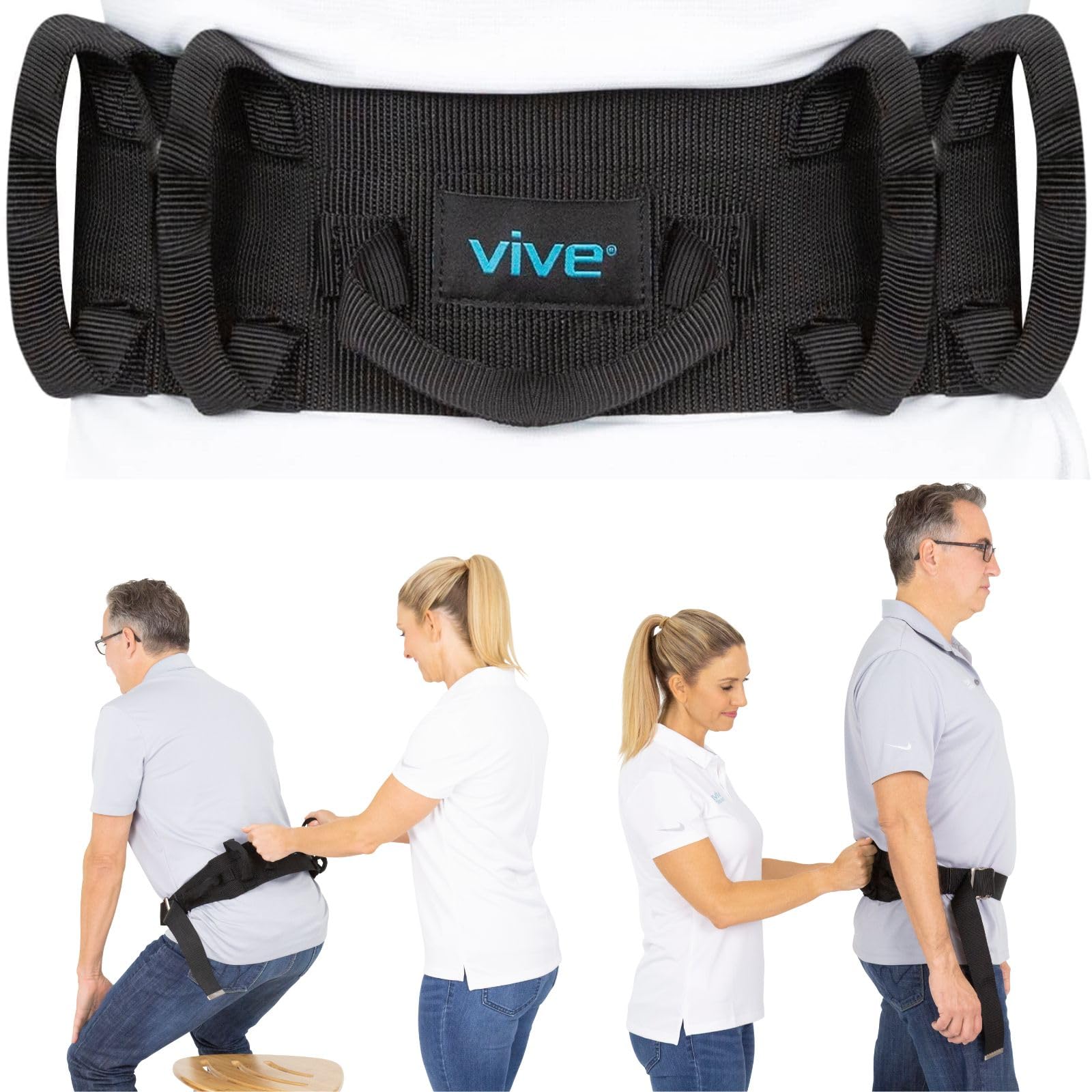 Vive Gait/Transfer Belt with Padded Handles, Quick-Release Metal Buckle — Supports up to 350 lbs, Adjustable to 51", 4" Wide