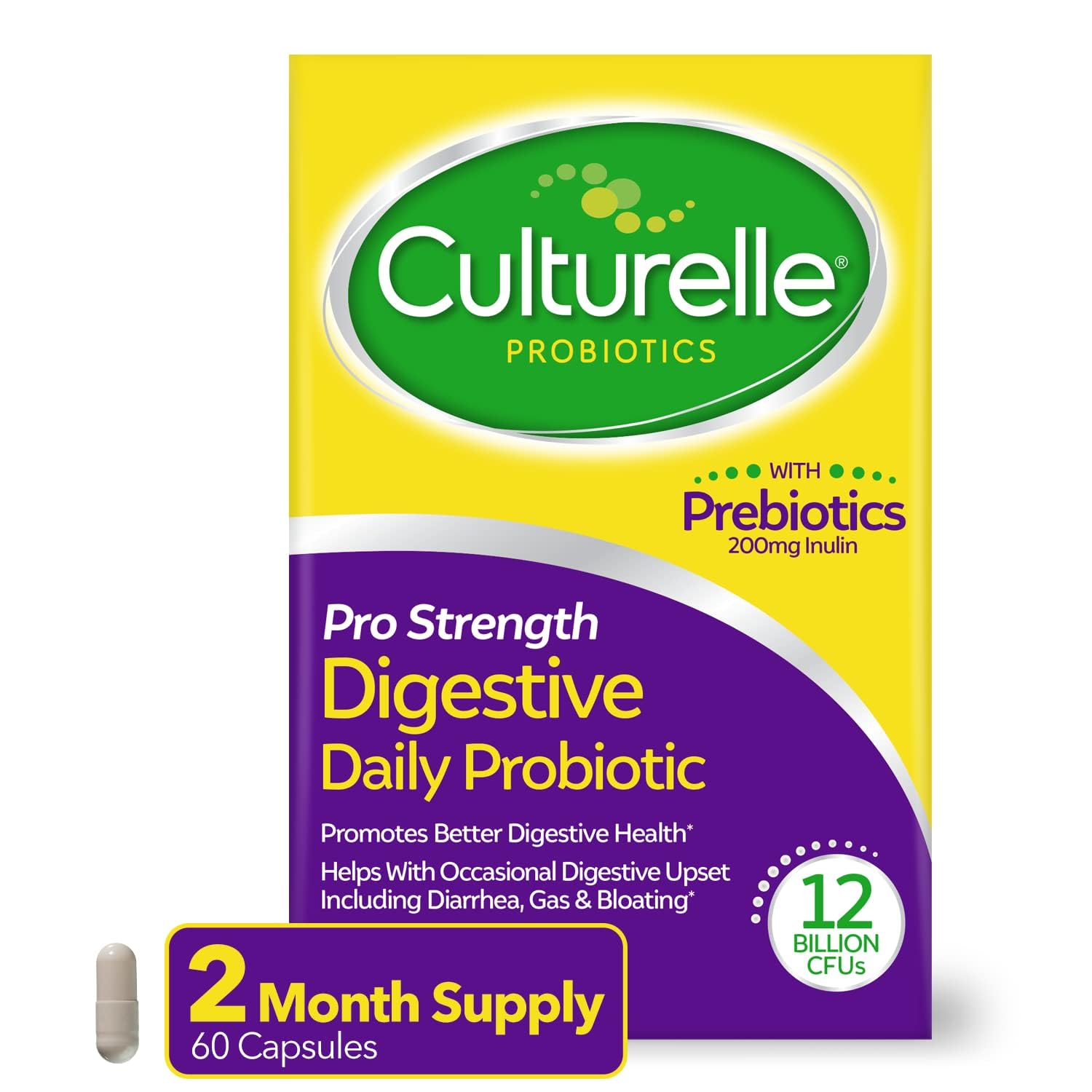 Culturelle Pro Strength Daily Probiotics For Digestive Health (2 Month Supply) with Prebiotics, 60 Count