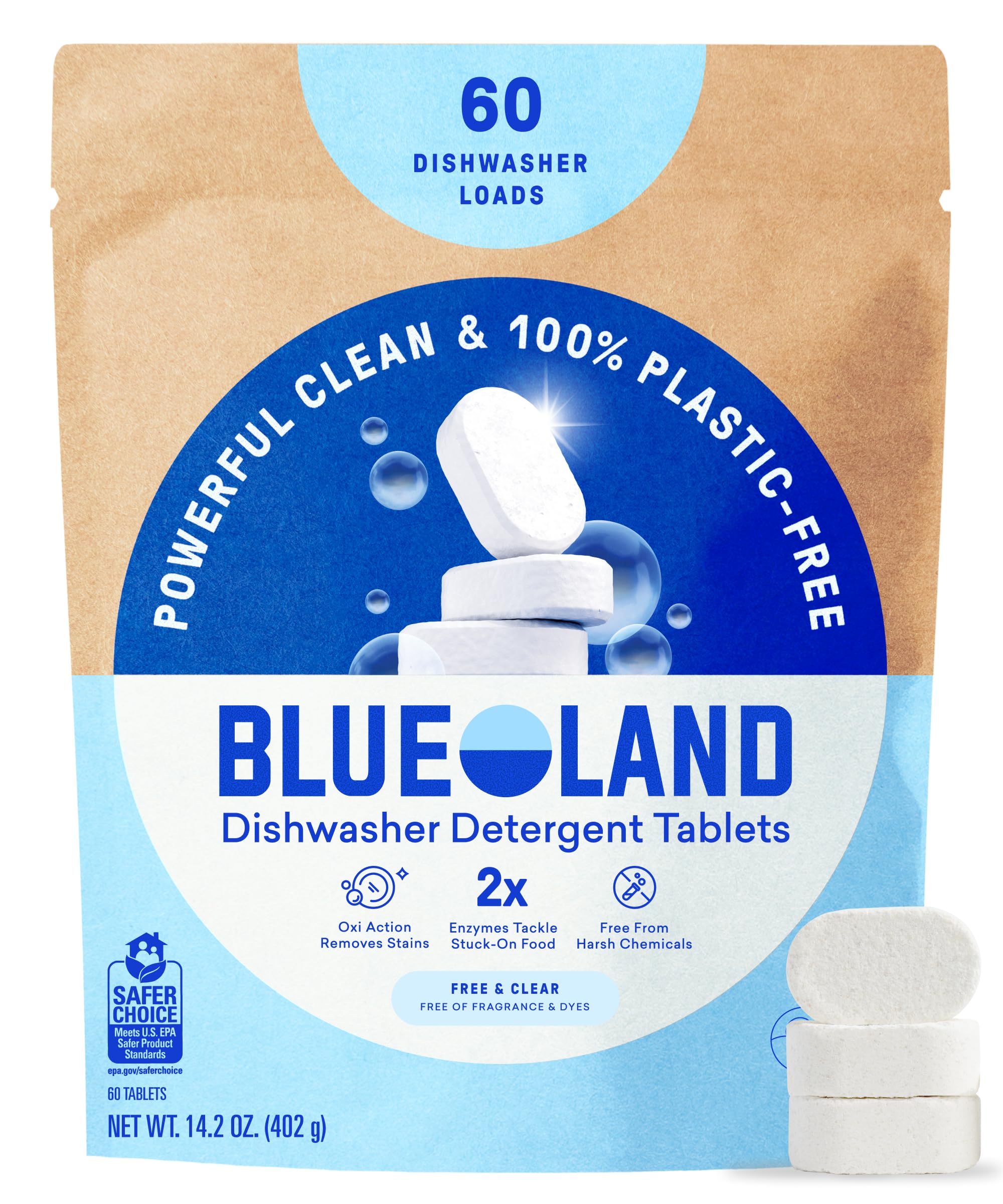 BLUELAND 100% Plastic-Free Dishwasher Detergent Tablets, 60ct, Free & Clear | Eco-Friendly Dishwashing Pods, Cuts Grease & Stuck on Food, Rinses Clean for Streak-Free Shine, Fully Dissolves, Septic Safe