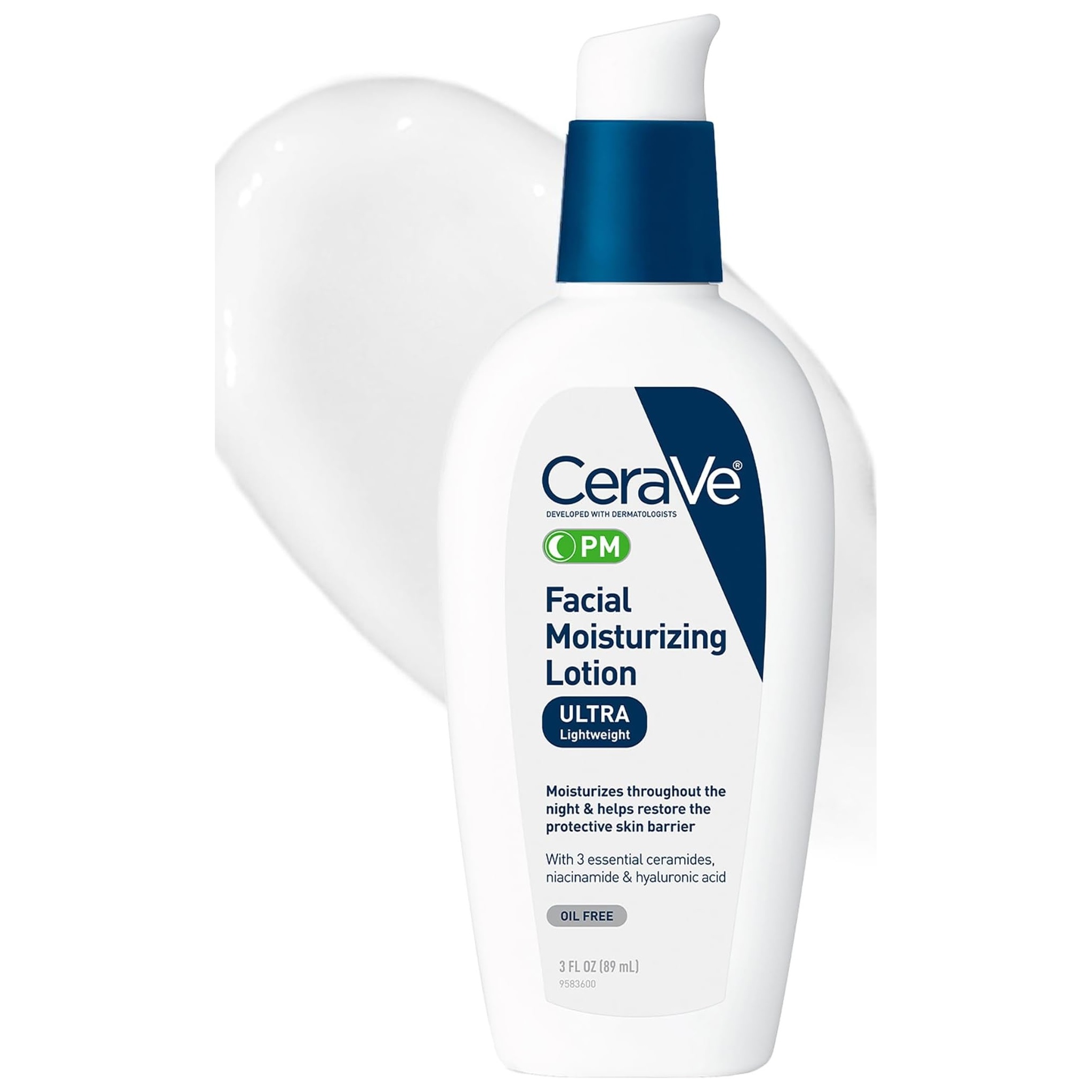 CeraVe PM Facial Moisturizing Lotion, Oil-Free Night Lotion with Hyaluronic Acid & Niacinamide, 3 oz