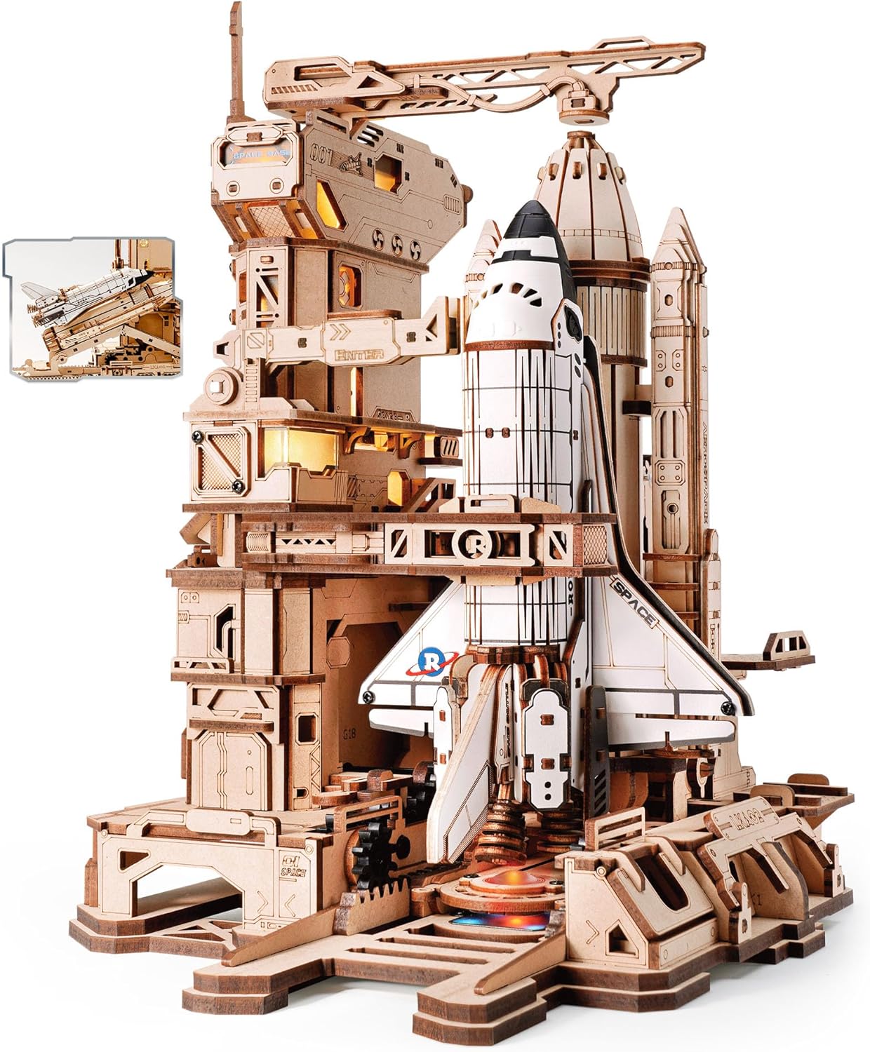 ROKR Space Shuttle LKA02 3D Wooden Assembly Model — 446 Pieces, DIY Launch Platform with Electric Lift, Mechanical Arm Linkage & LED Flame Effects, 1:420 Space Theme Desktop Ornament — Gift for Space Fans & Model Enthusiasts