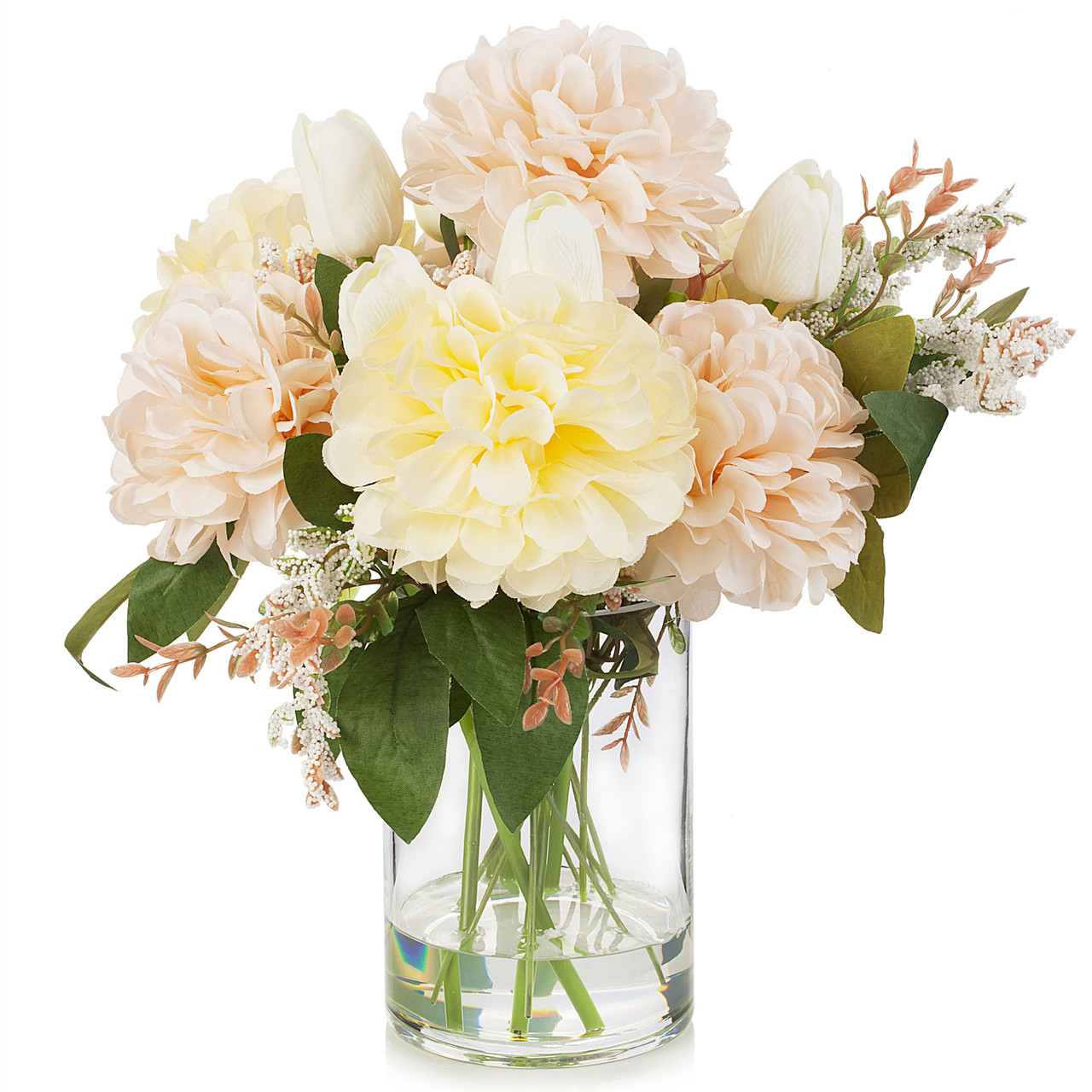 Enova Floral Mixed Real Touch Faux Tulips & Dahlias in Clear Glass Vase|High-Quality Real Touch Artificial Flowers|Faux Water Design|Approx. 12-inch Tabletop Decoration