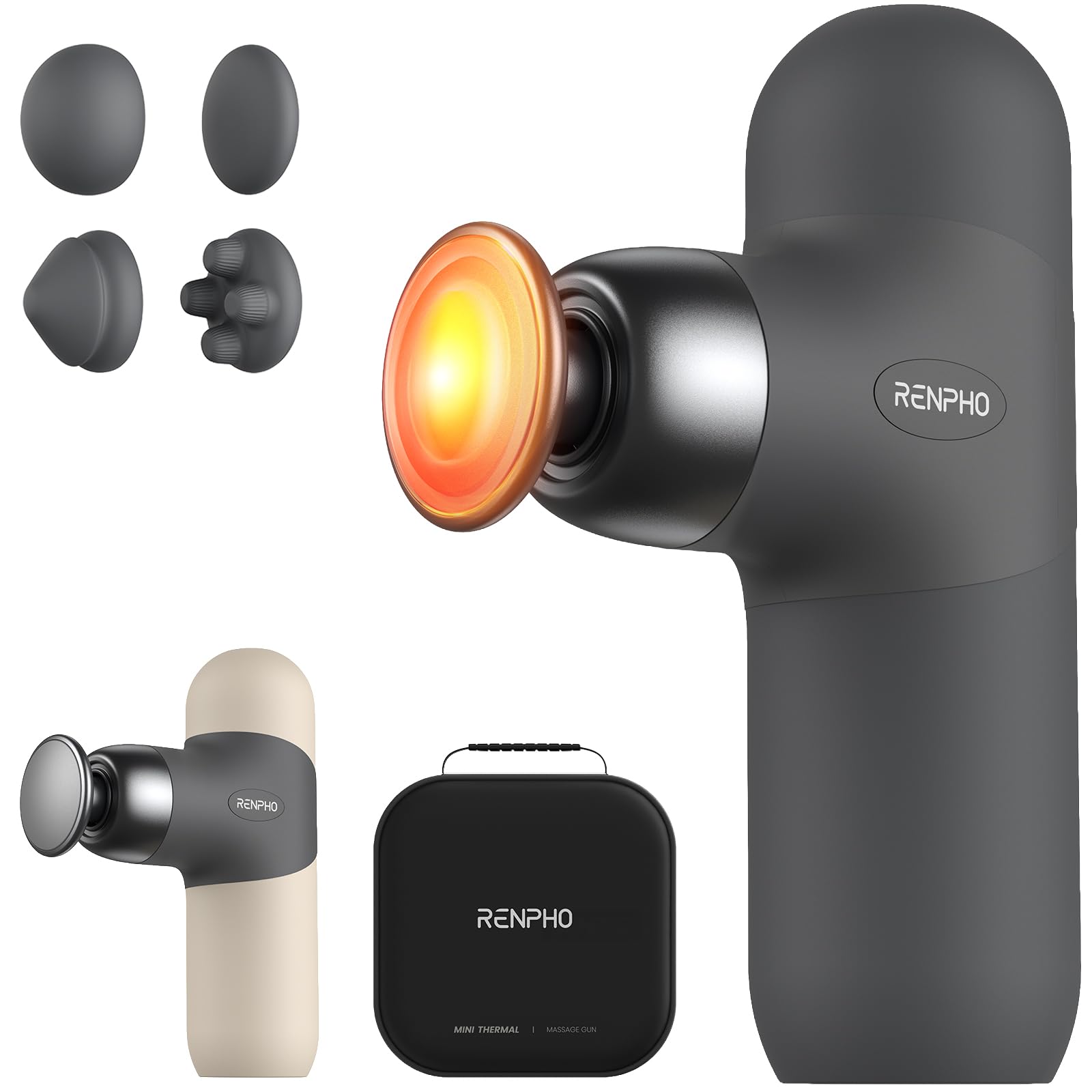 RENPHO Mini Thermal Massage Gun with Heat — Portable Deep Tissue Percussion Massager, 4 Heads for Neck & Back, Ultra-Quiet, Includes Carry Case