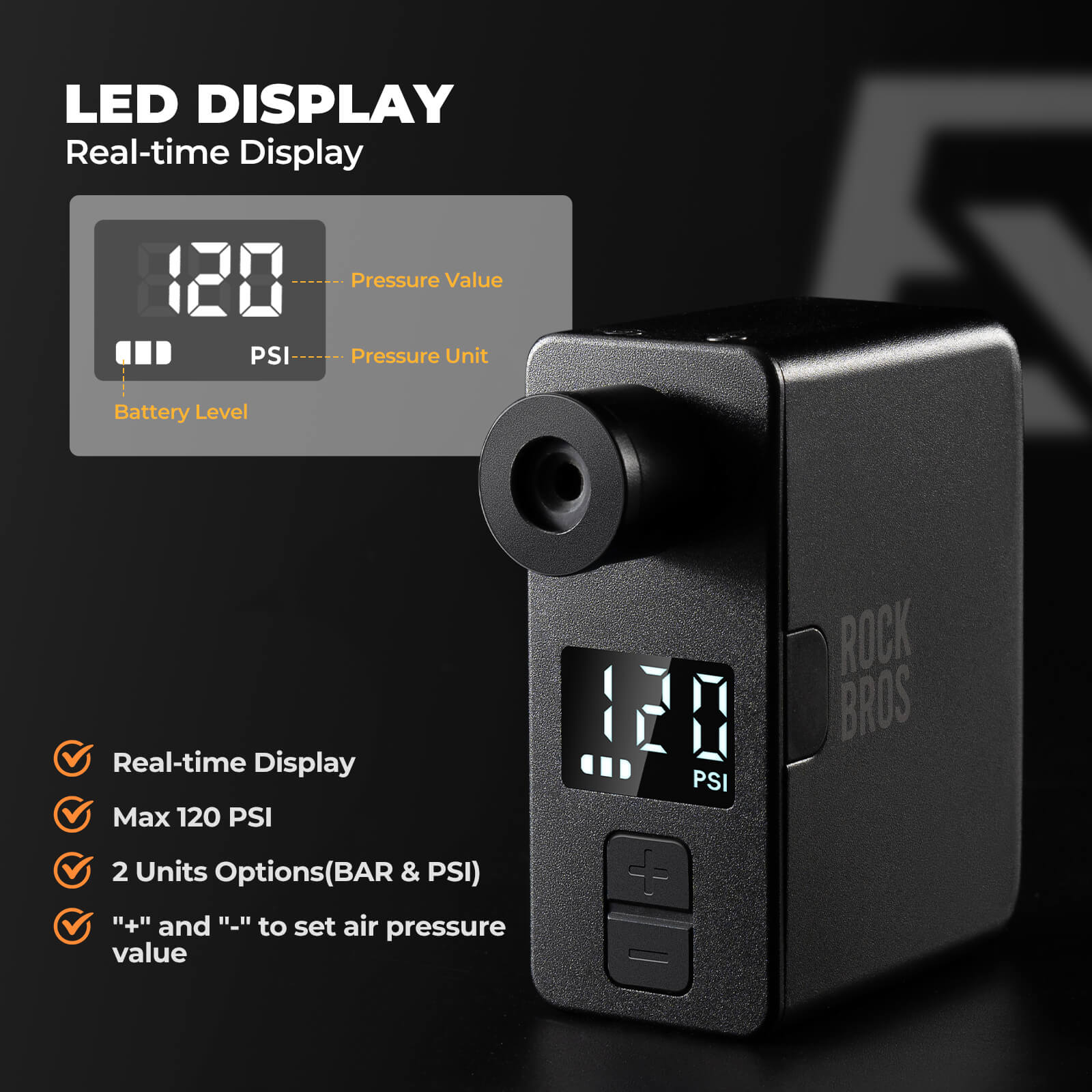 ROCKBROS AS1 Pro Mini Electric Bike Pump, 120PSI Portable Air Compressor with LED Screen, Type-C Rechargeable Tire Inflator for Road Mountain E-Bike detail image 8