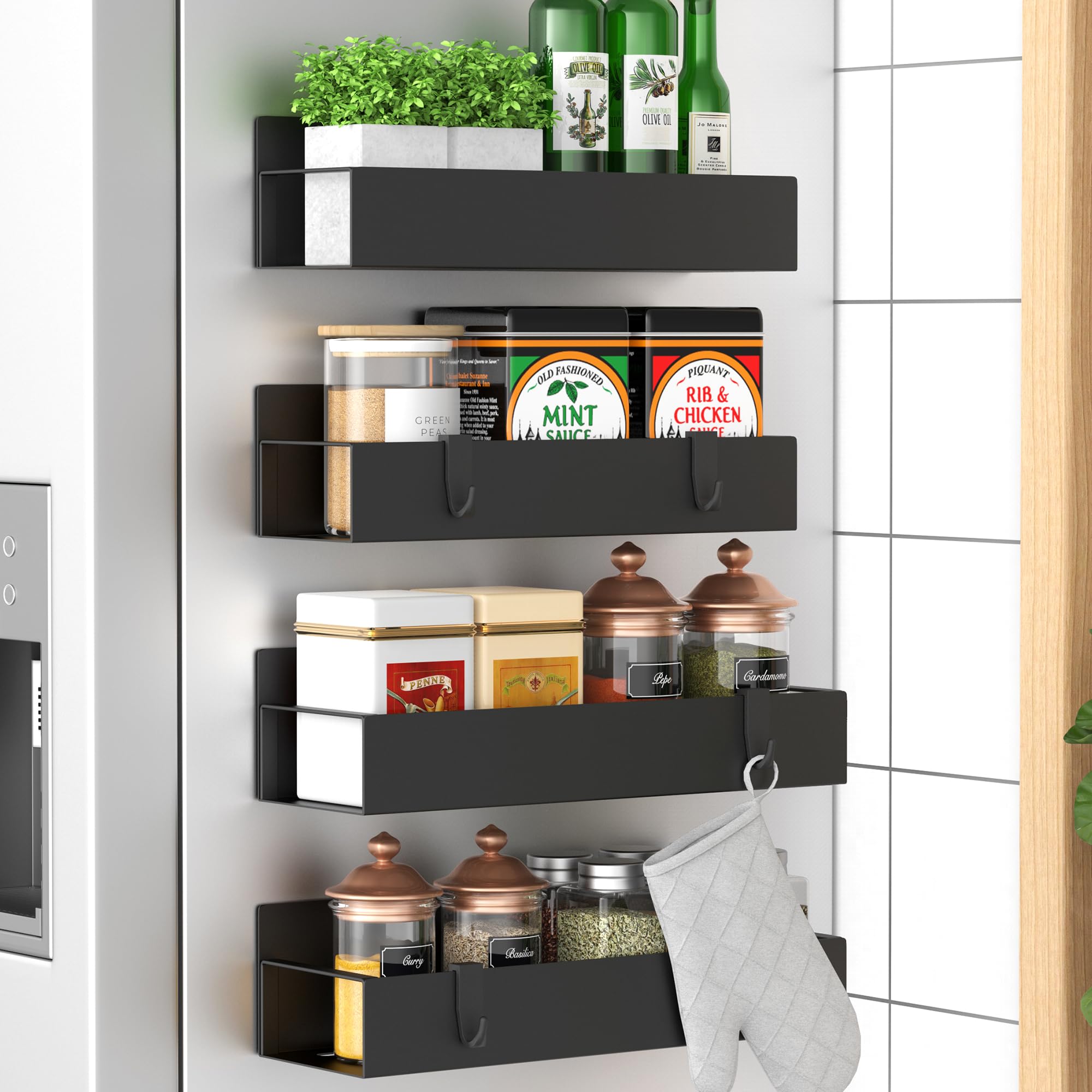 HuggieGems 4-Pack Magnetic Metal Spice Rack Organizer for Refrigerator and Oven, Black