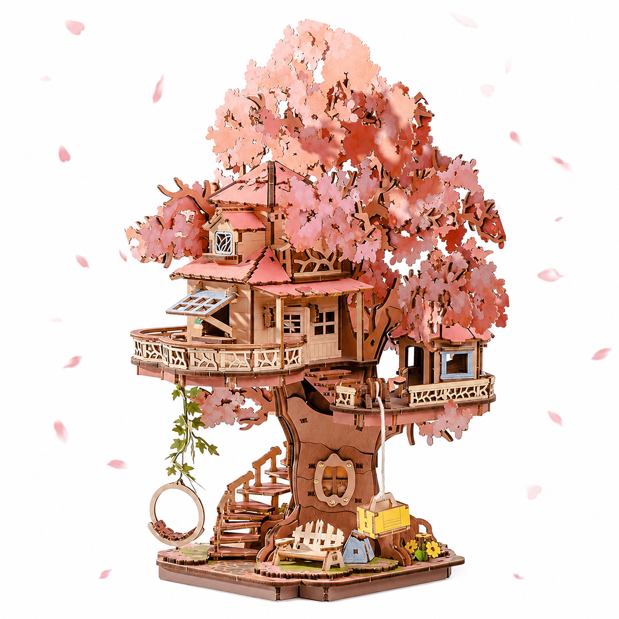 Rolife Sakura Tree House TGS04 3D Wooden Assembly Model, 535-Piece DIY Cherry Blossom Treehouse — Double-Deck Treehouse with Swing, Spiral Staircase & Pulley Lift, Fresh Natural Desktop Decoration, Gift for Cherry Blossom Lovers and Wooden Puzzle Enthusiasts