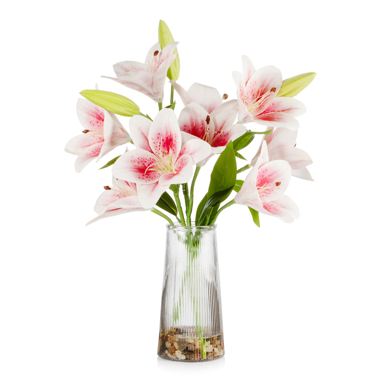 Enova Floral 9-Head Real Touch Pink Artificial Tiger Lily Arrangement in Glass Vase | Faux Water & River Rock Design | Approx. 18" Tabletop Decor