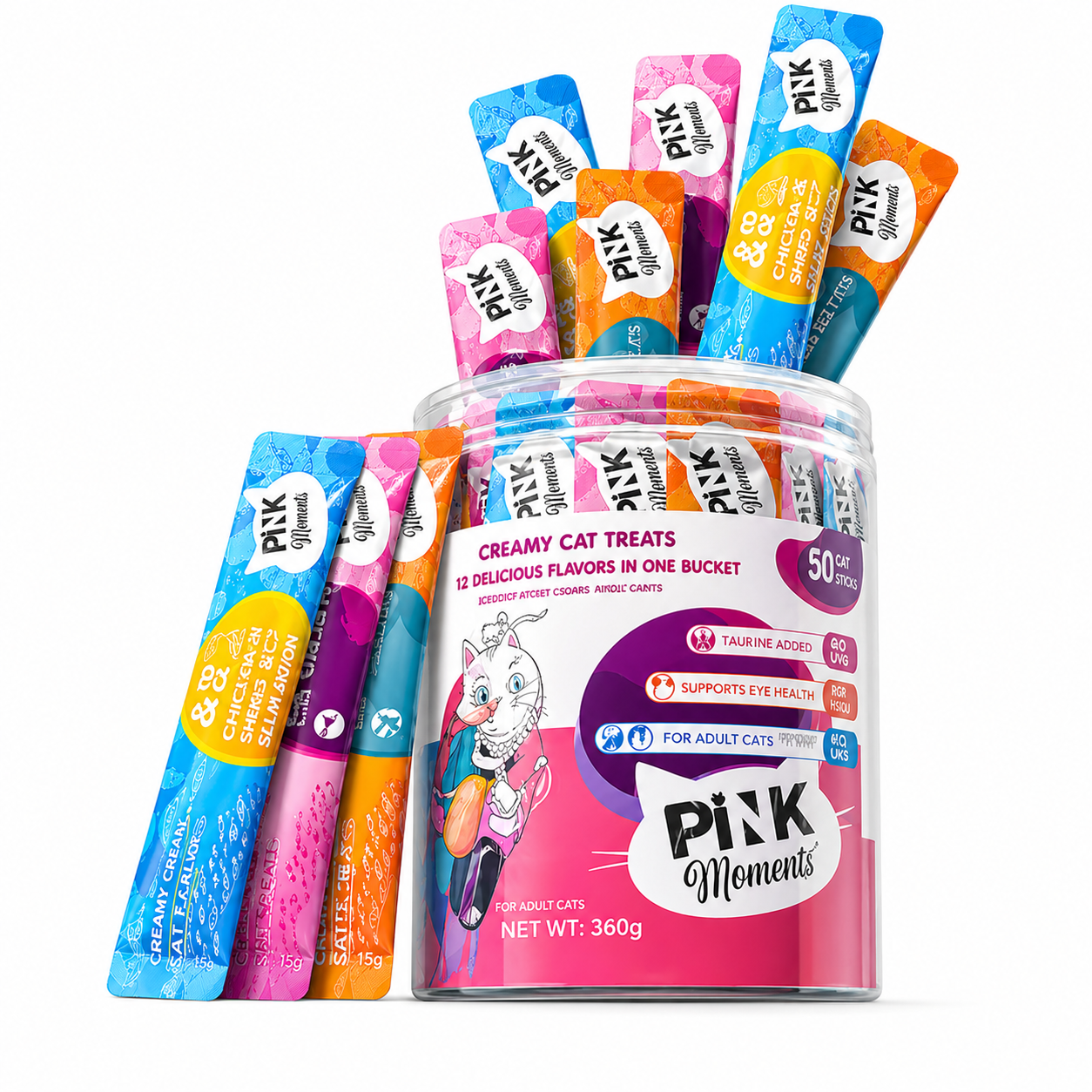Pink Moments Lickable Cat Treats Variety Pack 50 Sticks | Tuna 20 + Chicken 15 + Salmon & Chicken 15 | Interactive Reward & Food Topper