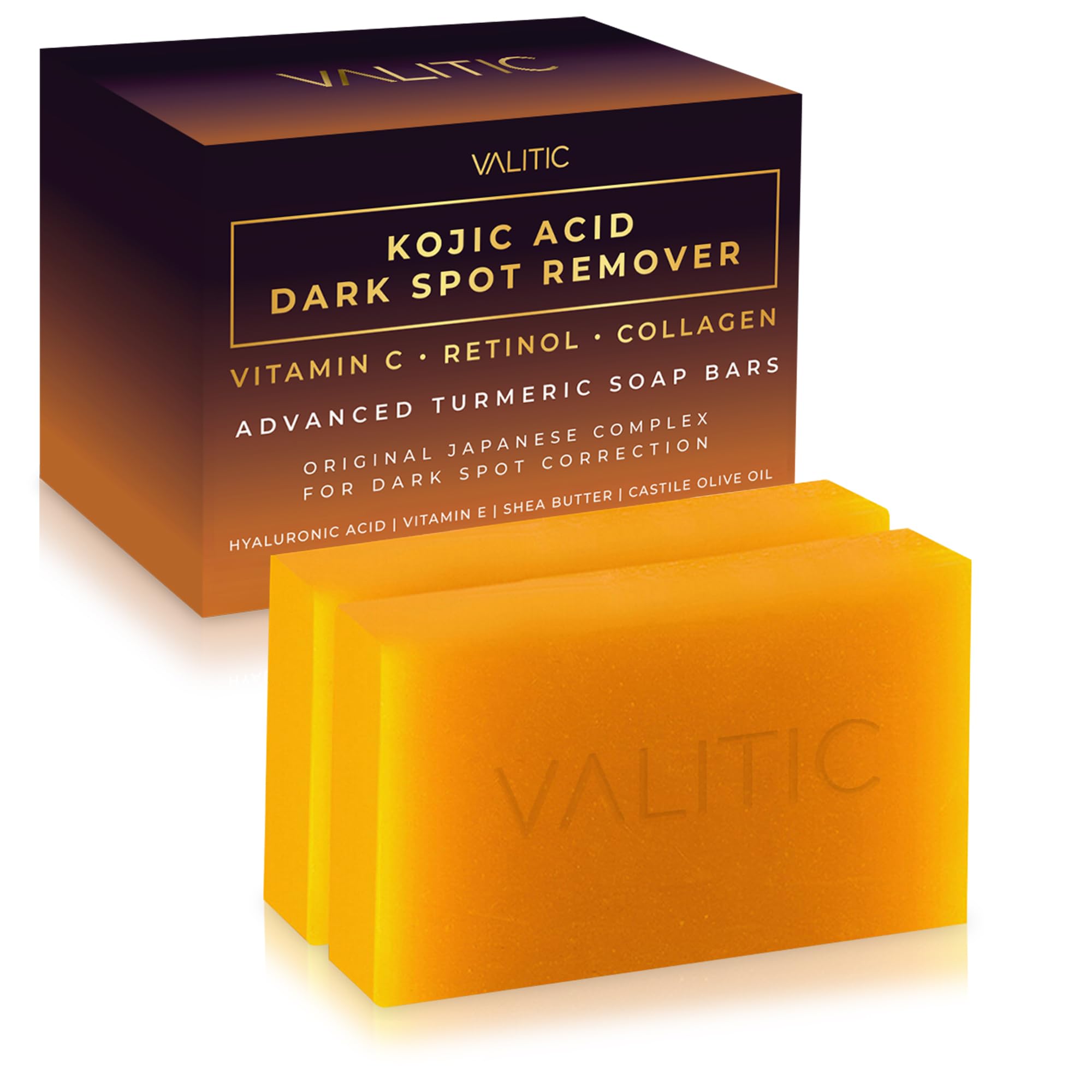 VALITIC Kojic Acid Dark Spot Removal Soap Bars with Vitamin C, Retinol, Collagen, Turmeric — Japanese Complex Infused with Hyaluronic Acid, Vitamin E, Shea Butter, Castile Olive Oil (2 Pack)