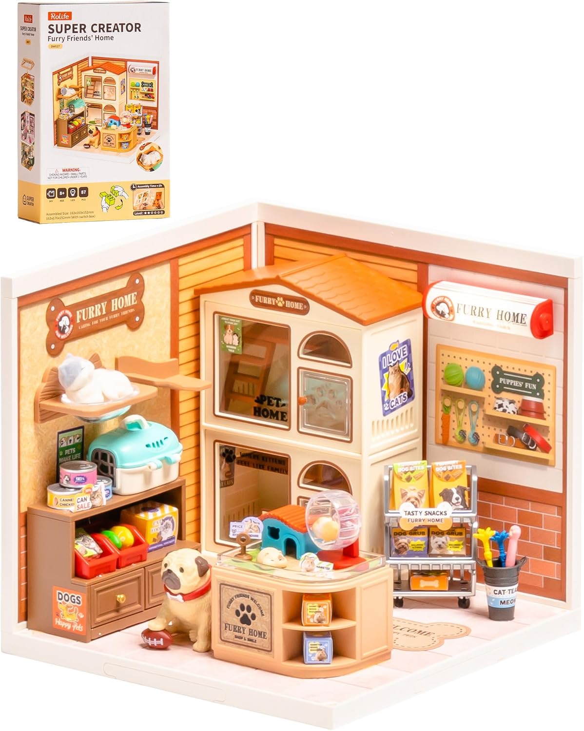 Rolife Super Creator Furry Friends' Home DW027 Mini Pet House Assembly Kit — Pet Shop Themed DIY Miniature, Snap-Fit (No Glue), LED Lighting, Stackable, Ideal Gift for Pet Lovers & Miniature Enthusiasts