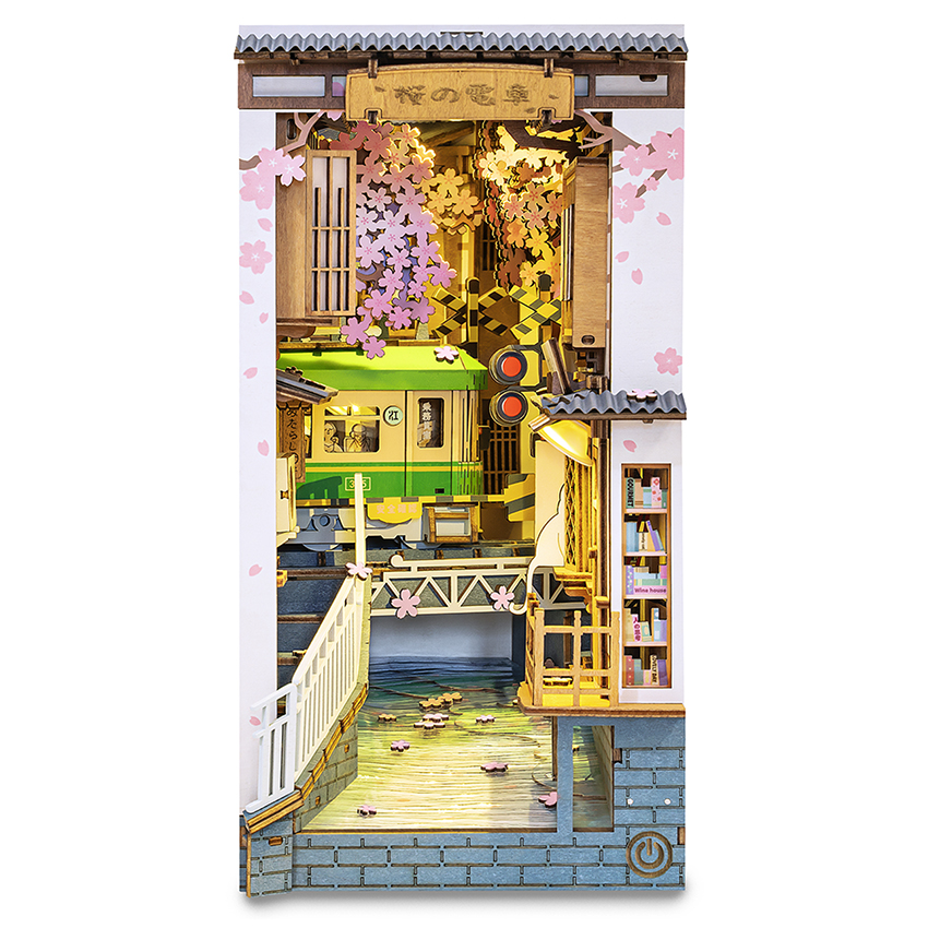 Rolife Sakura Tram DIY Miniature House, Miniature Scene Assembly Model with Lights, Decorative Display Gift