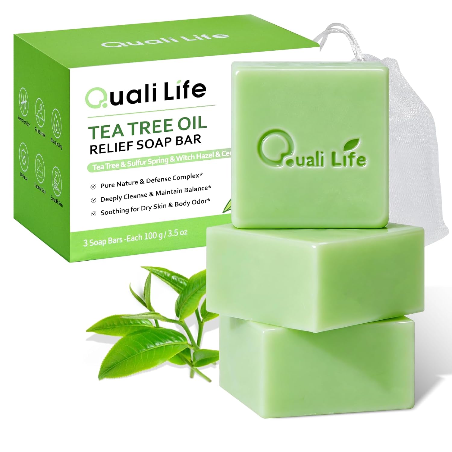 Qualilife Tea Tree Soap, Tea Tree Soap Bar for Face & Body, Antifungal Soap with Tea Tree Oil, Antibacterial Bar Soap for Fungus, Ringworm, Acne, Pack of 3
