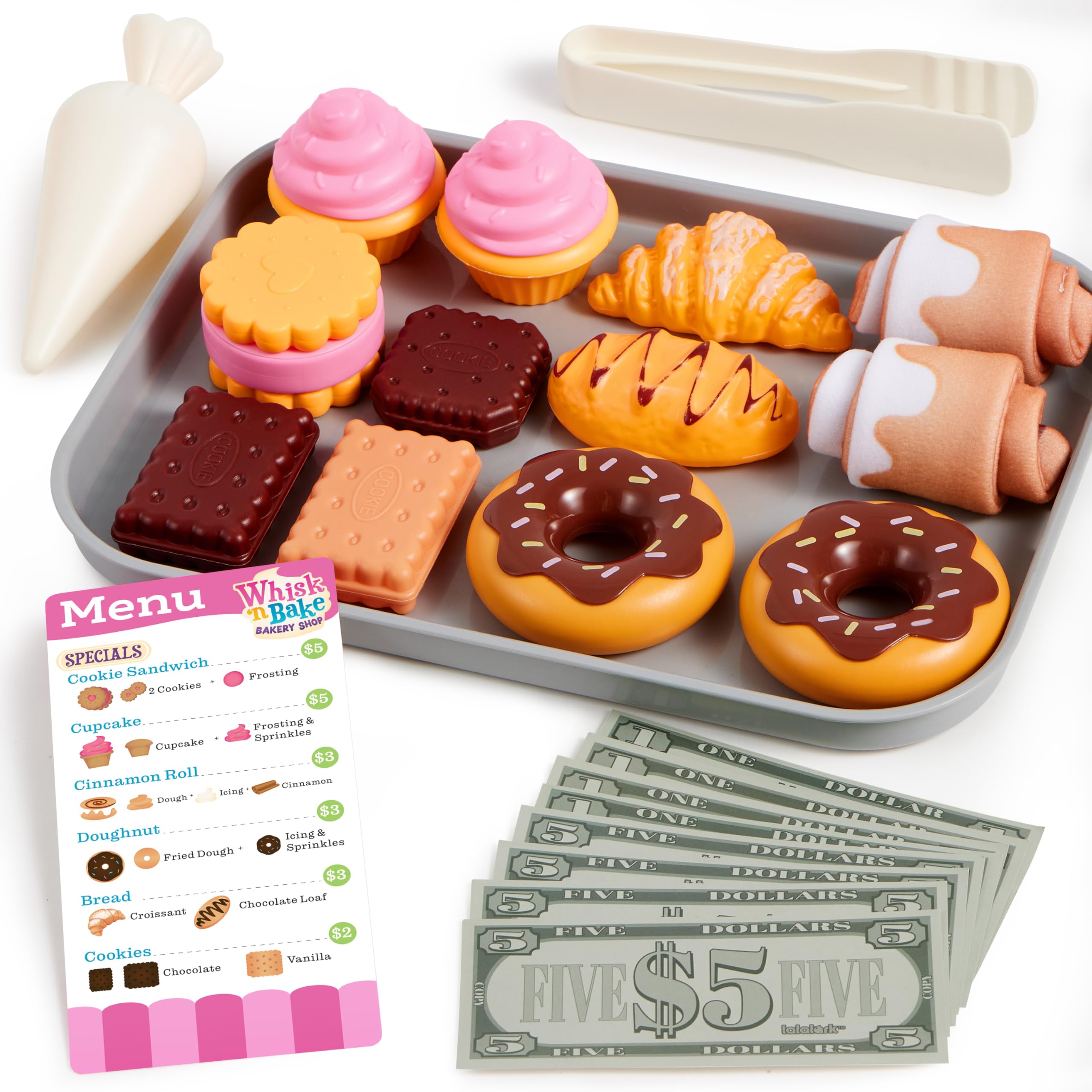 lalalark 17-Piece Kids Pretend Kitchen Dessert Play Set (Includes Plastic Cookies, Baking Menu, Baking Tray & Play Coins)