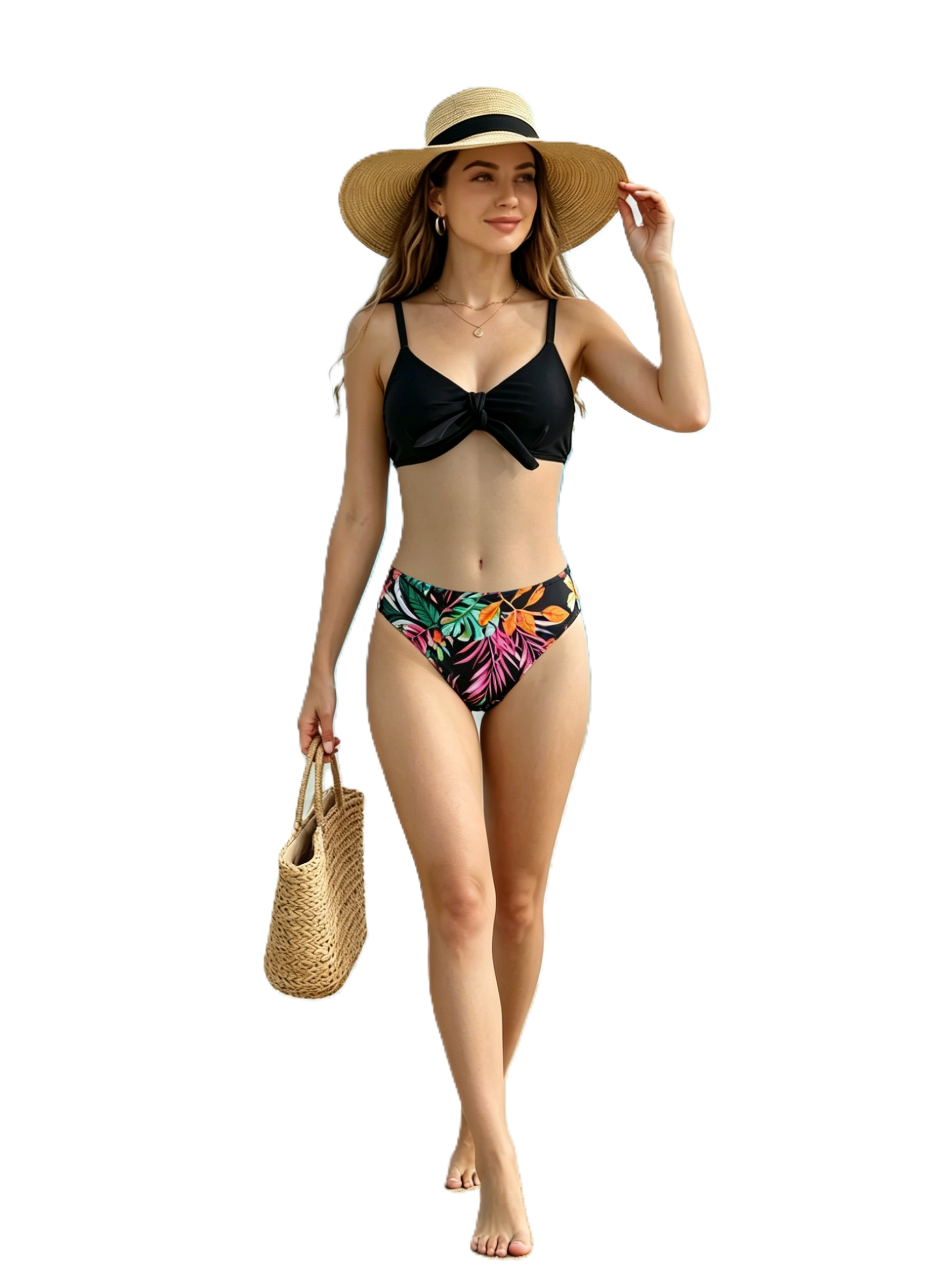 Black Front Bow Top Tropical Leaf Print High Waist Two Piece Bikini Swimsuit