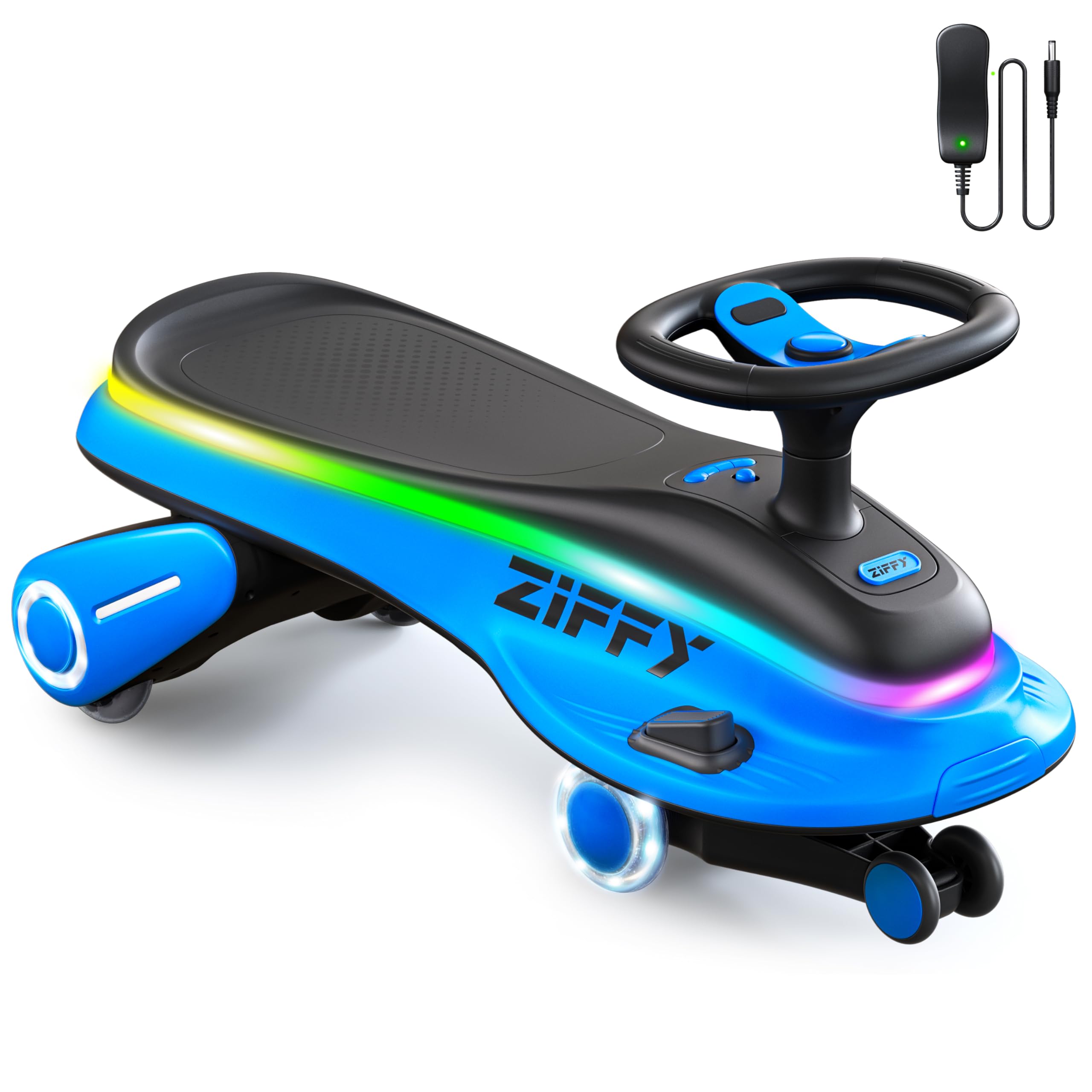 JOVA ZIFFY 45W Light-Up Electric Twist Car (5. 5Ah Rechargeable Battery, Footboard, 2-in-1 Manual/Electric Drive, Dual Speed, Anti-Rollover, Colorful Light-Up Wheels, Ages 3+, 110 lb Capacity)