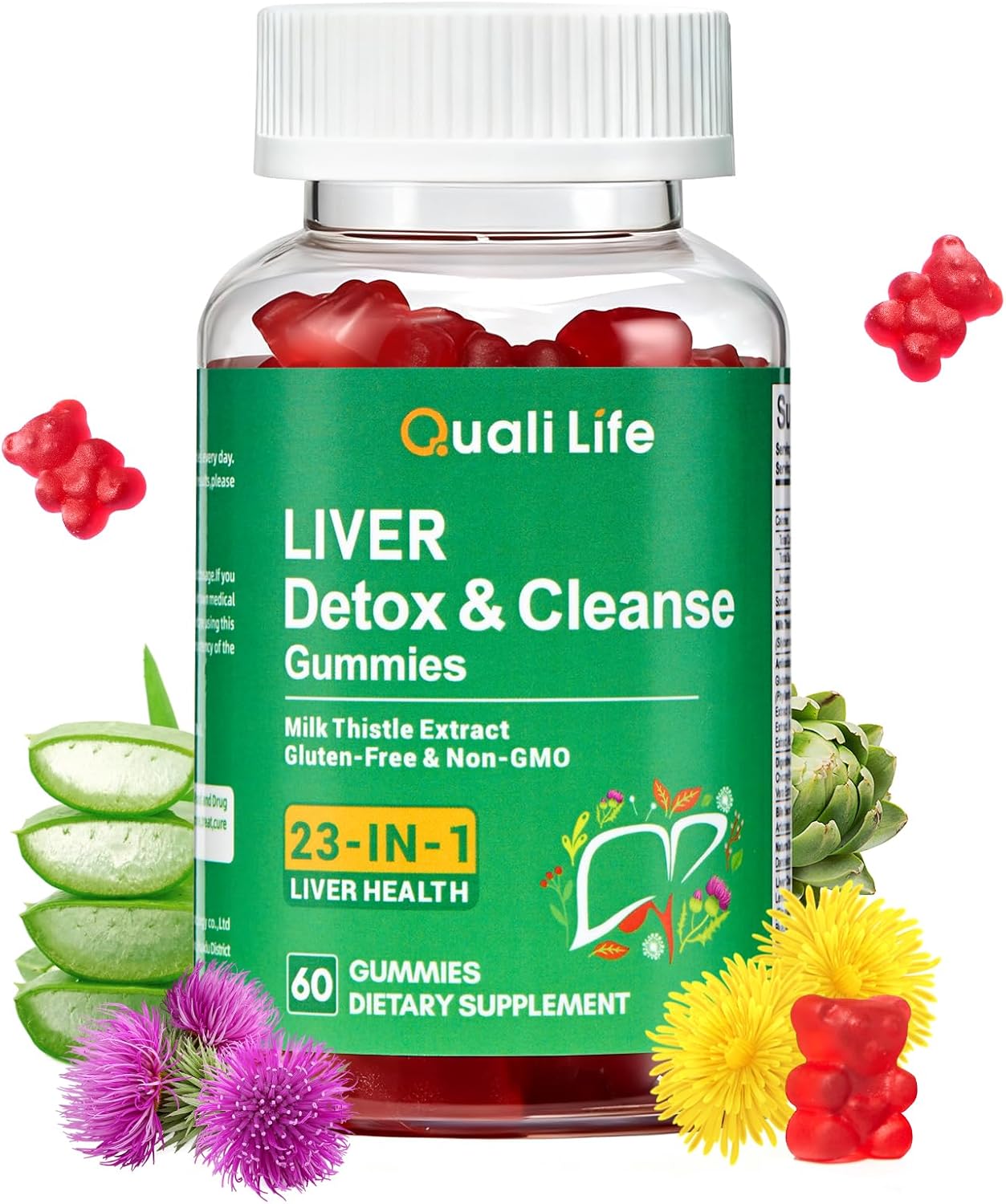 Qualilife Liver Cleanse Detox & Repair Gummies - 2000mg Milk Thistle Liver Detox Supplement, Liver Support Supplement with Dandelion Root - Mixed Fruit Flavor, 60 Gummies