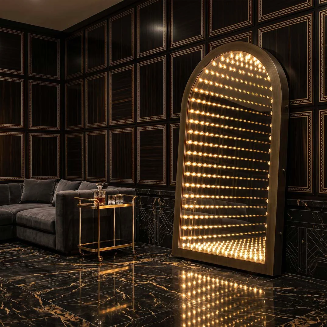 Moorizon Timeless Gate W49.5×H86.6" Antique Bronze Arched LED Infinity Floor Mirror, G45 E12 Plug-In Dimmable, Anti-Tip, for Dressing Room, Bedroom, Retail & Hotel Use detail image 3