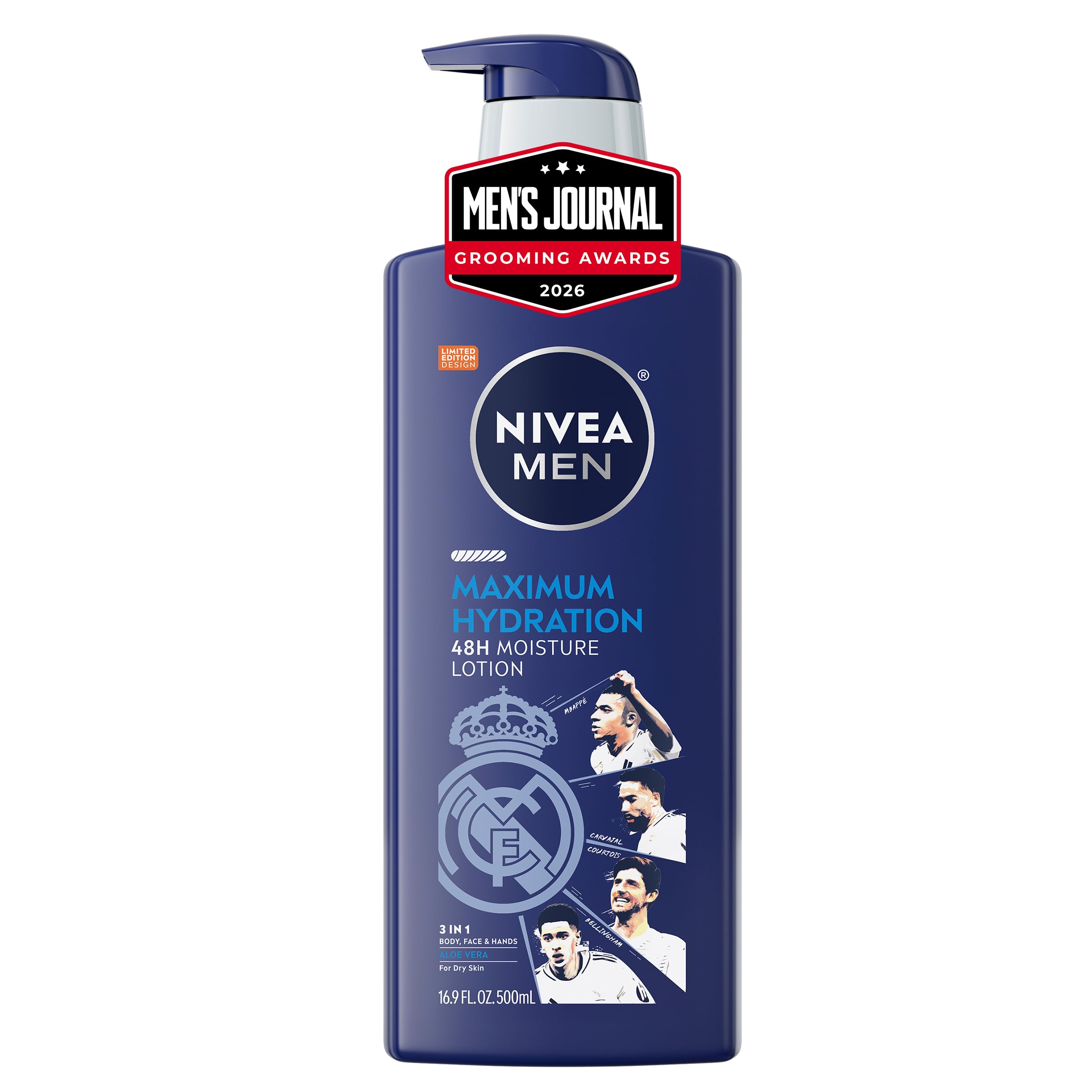 NIVEA MEN Real Madrid Limited Edition Design Maximum Hydration 48-Hour Moisture Body Lotion for Dry Skin, Aloe Vera Lotion for Men, 3-in-1 Body, Face and Hands, 16. 9 Fl Oz Bottle