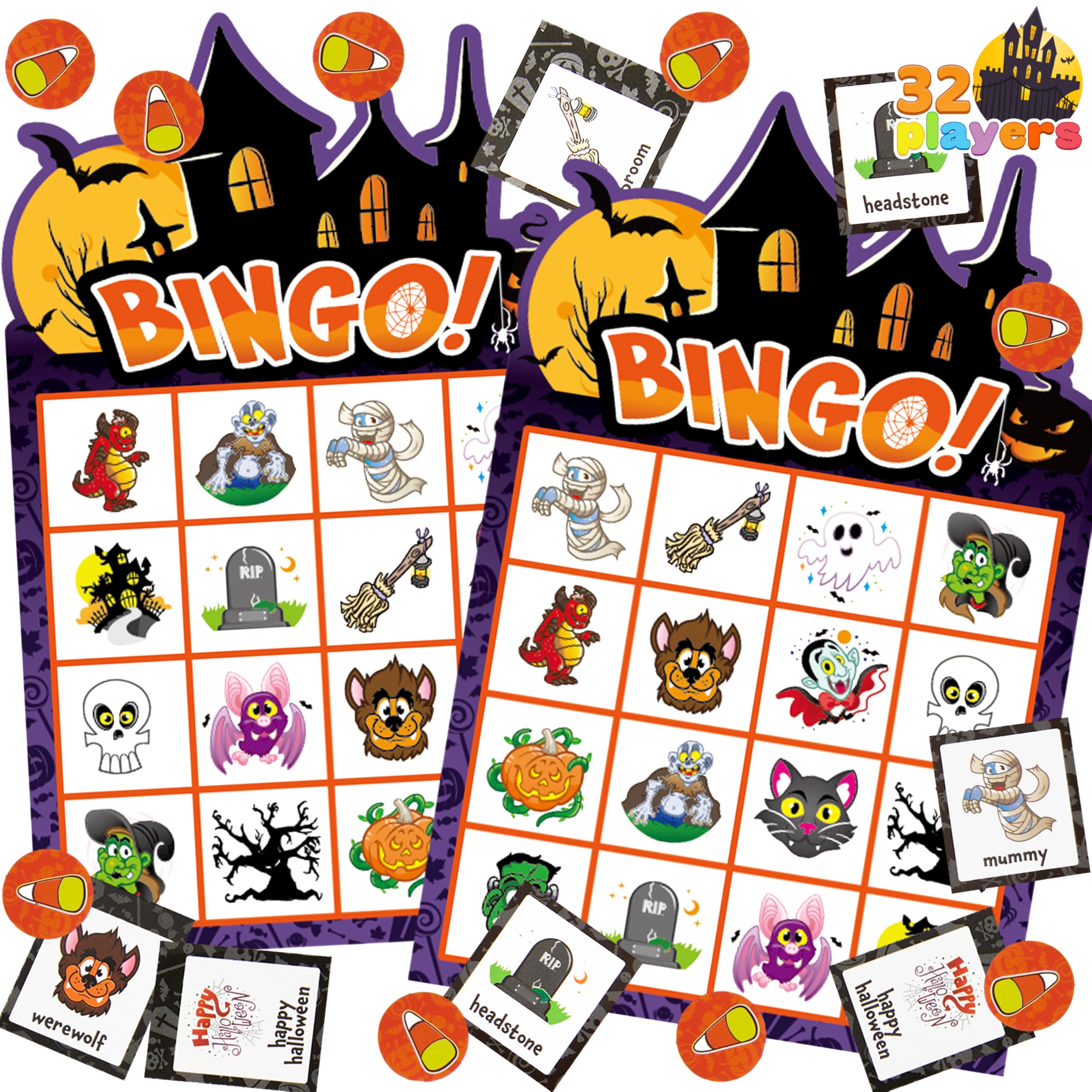 JOYIN Halloween Bingo Game Set — 32 Children's Bingo Cards with Draw Cards and Candy Cane Markers, Ideal for Classrooms & Home Parties