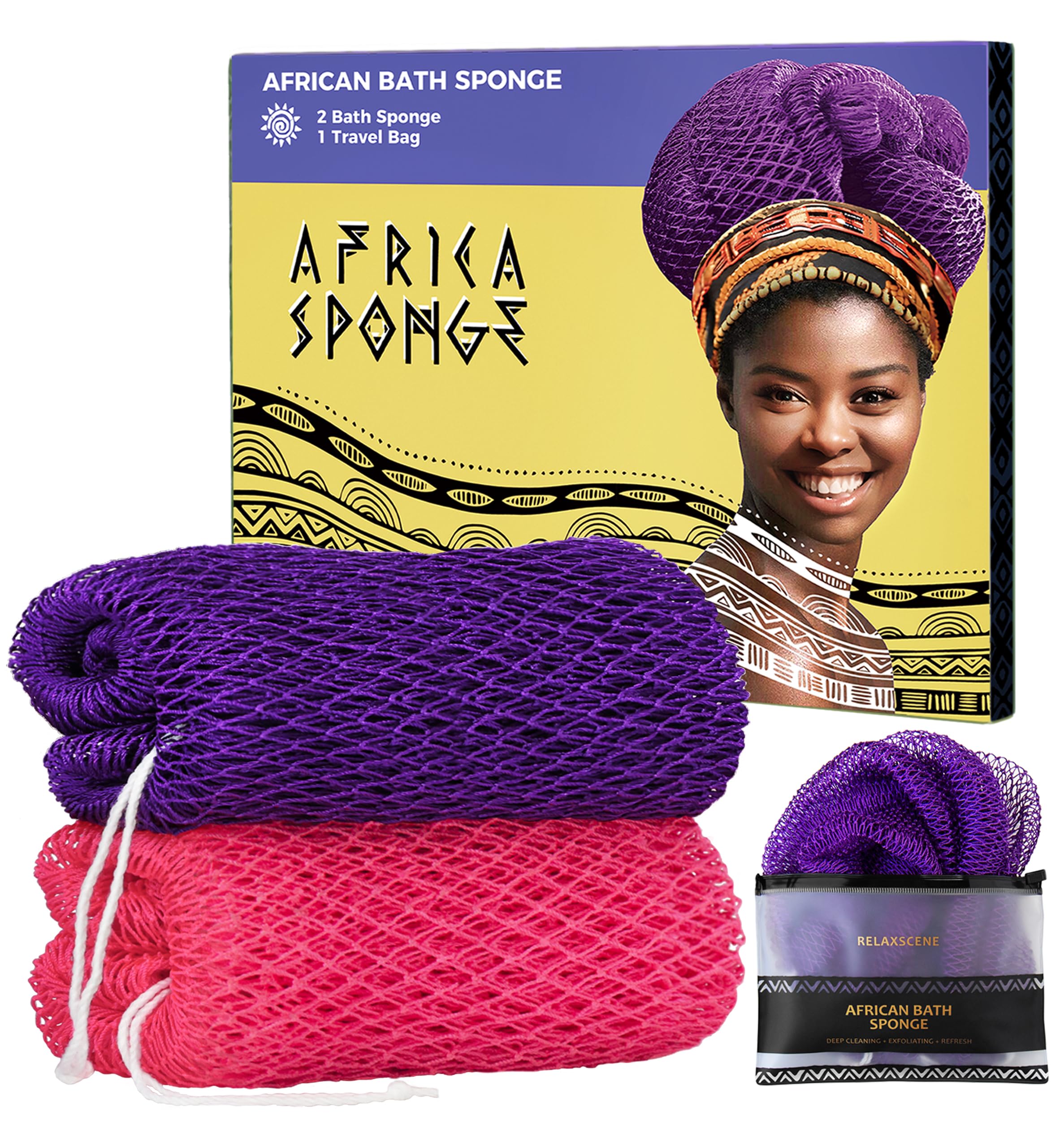 African Net Sponge Authentic - 2 Pieces Exfoliating Body Scrubber Bath Sponge - Loofah Washcloth Back Scrub for Shower Body Exfoliator - Face & Skin Care Bathroom Essentials for Women