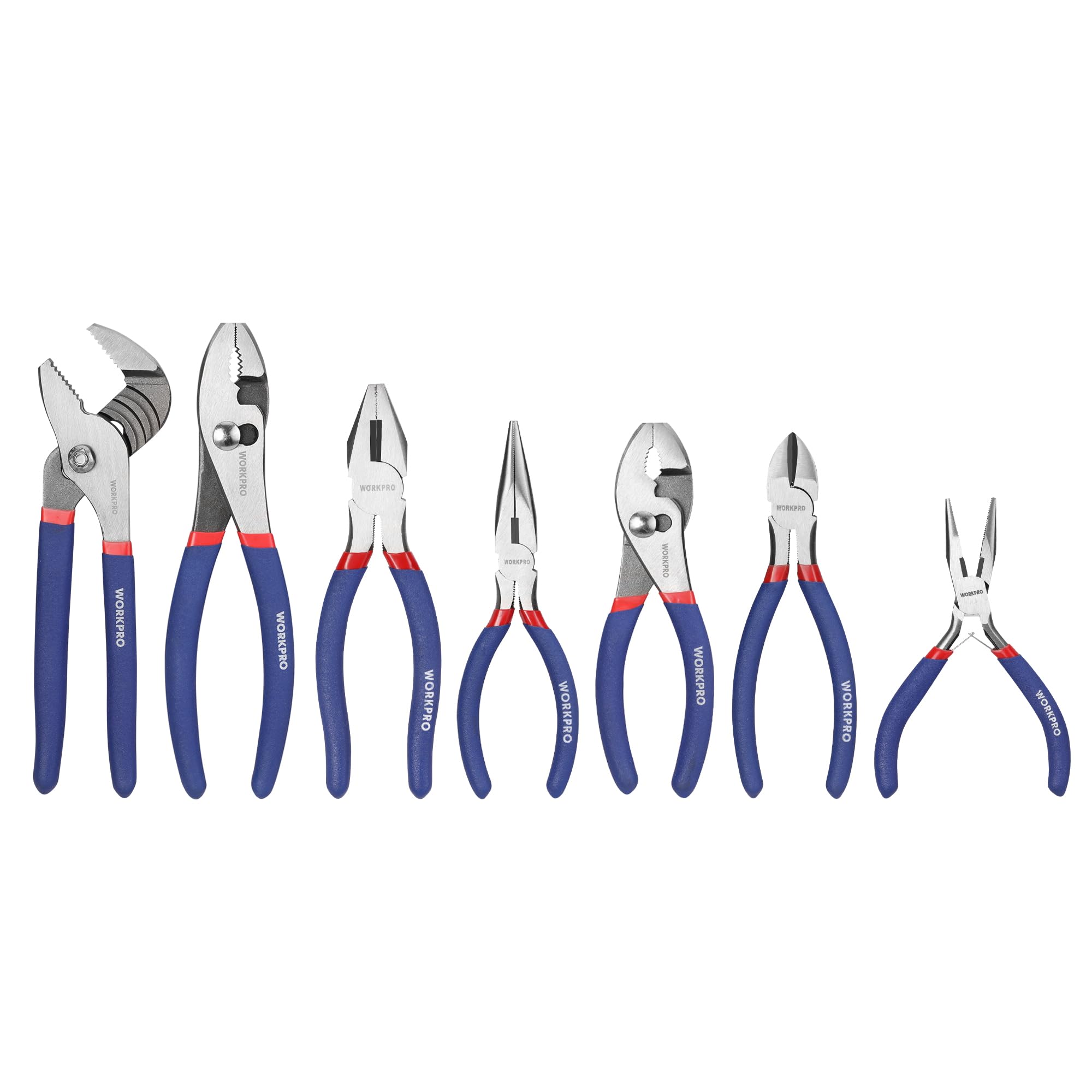 7-Piece WORKPRO Pliers Set — Groove Joint, Long Nose, Slip Joint, Linesman & Diagonal Pliers for DIY and Home Use