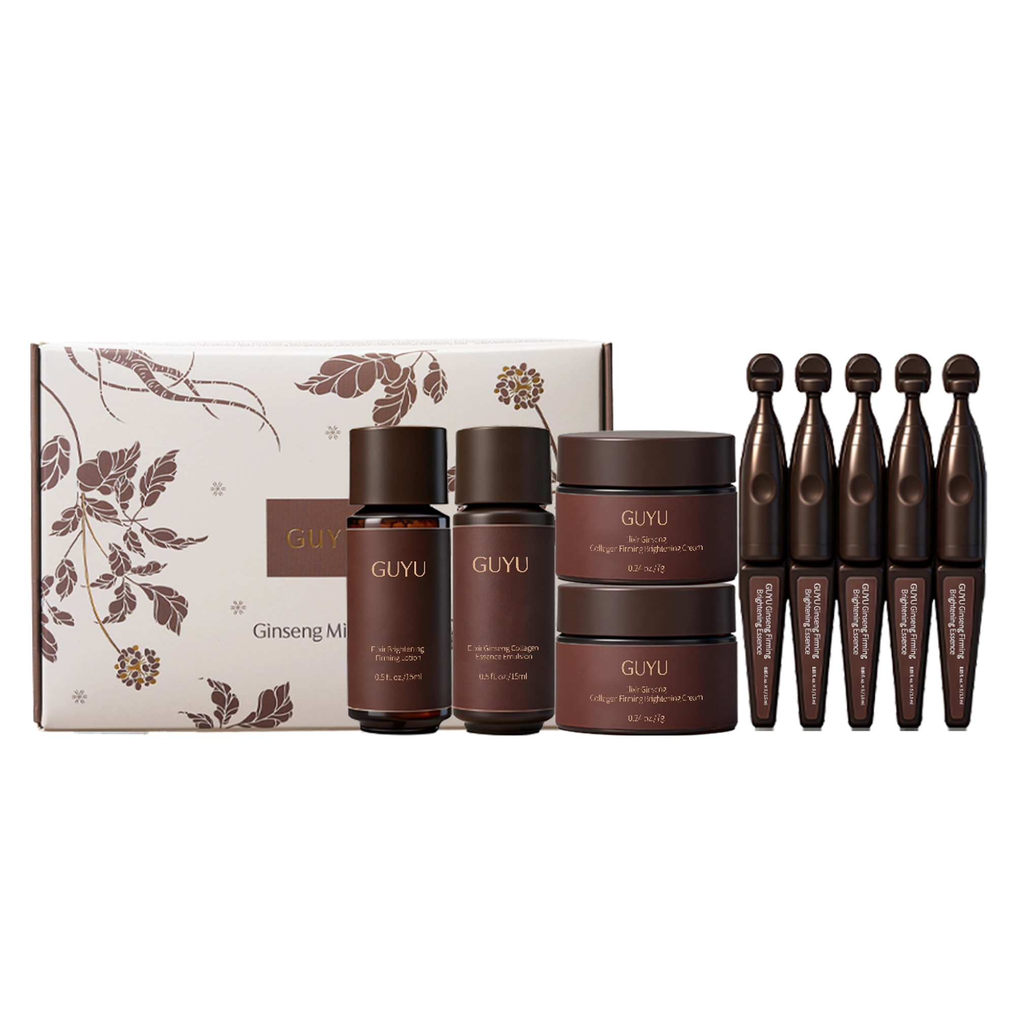 Guyu Mountain Ginseng Anti-Aging Travel Set - 15ml Aurora Essence Water Pro + 15ml Ginseng Collagen Emulsion + 1.5ml Ginseng Single-Dose Serum ×5 + 7g Ginseng Face Cream ×2 Boxes