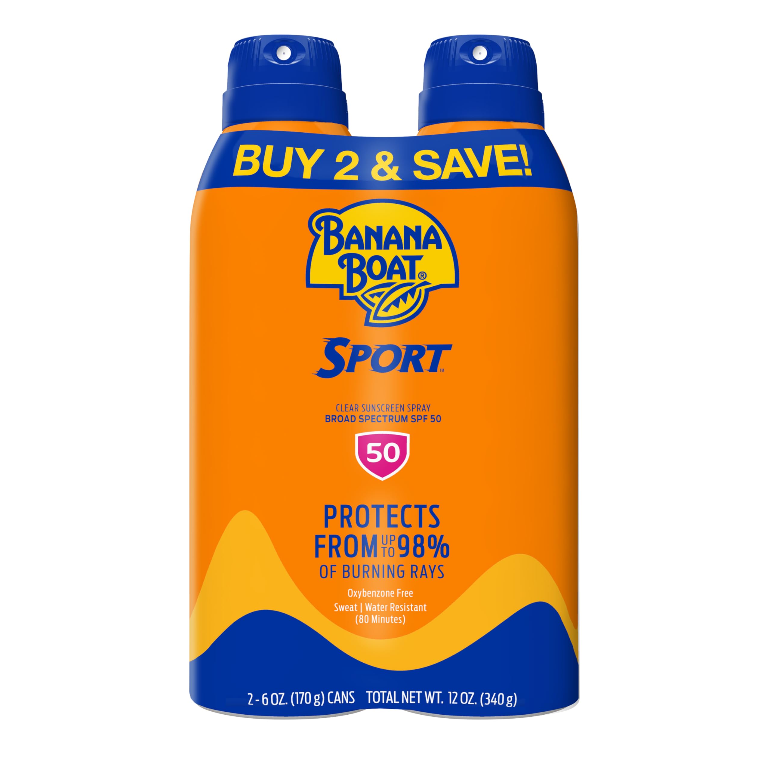 Banana Boat Sport Ultra Protection Sunscreen Spray SPF 50, Water‑Resistant Formula, Oxybenzone & Octinoxate Free, 6 oz × 2