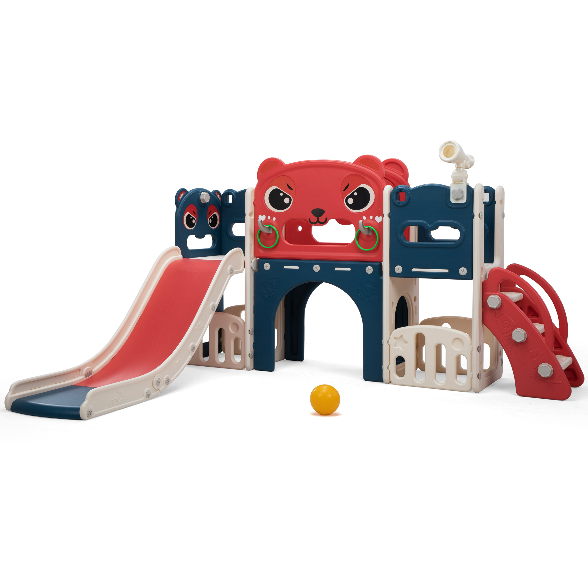 Red, Blue & White Little Devil Kids Playset Slide — Double Slide with Basketball Hoop