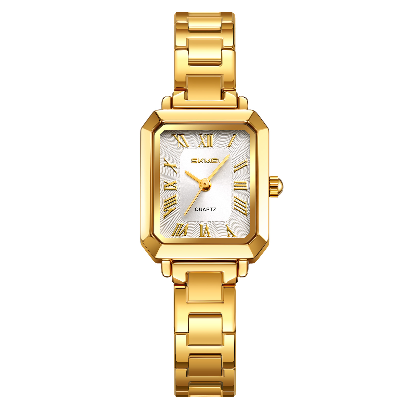 SKMEI 2582GDSI Women's Gold Stainless Steel Band Quartz Watch, Square Silver Small Dial, 30M Water Resistant, Elegant Commuter Timepiece