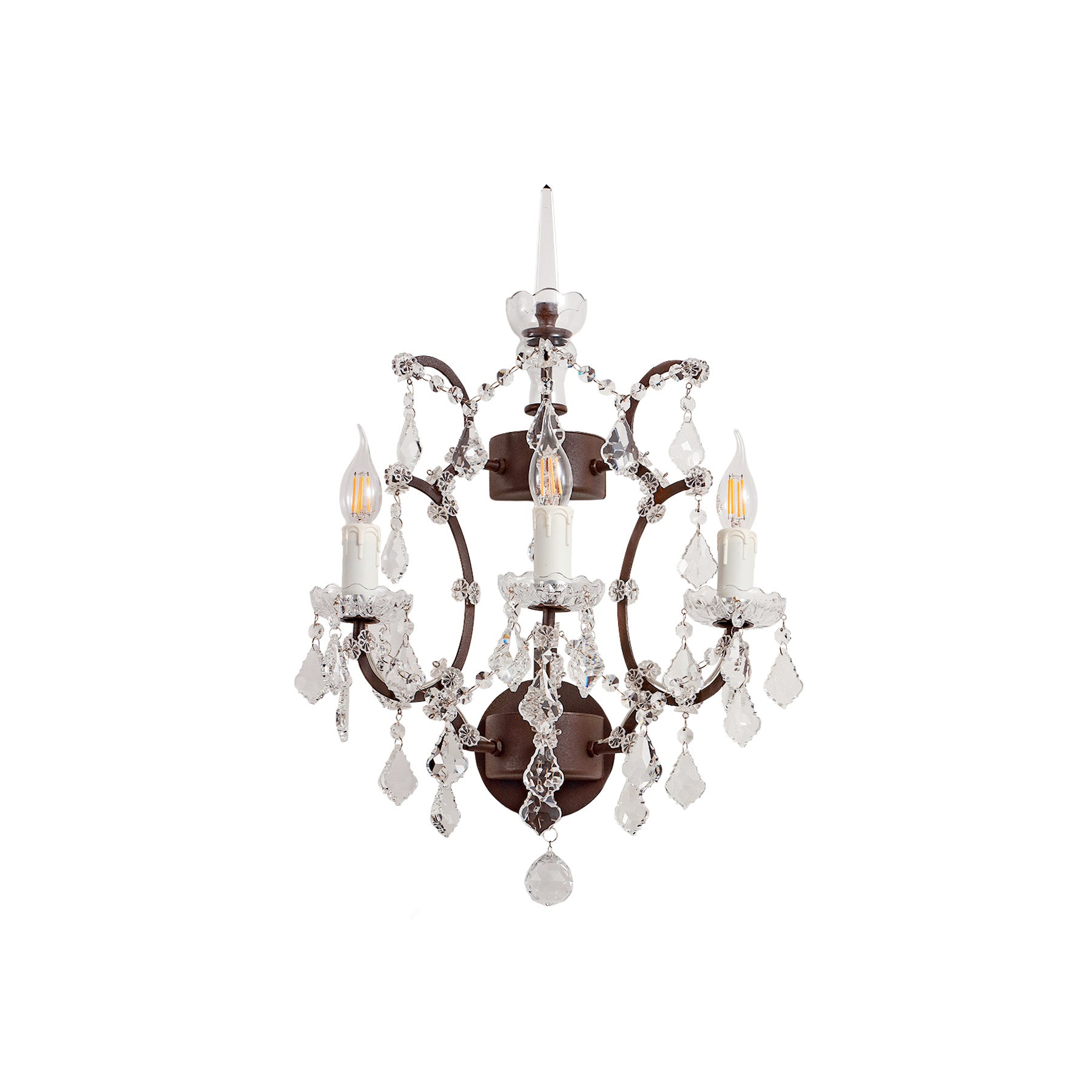 Moorizon Rustline Crystal 15-Inch Rust Iron Handcrafted Crystal Candle Wall Sconce, C7 E12 LED, Hardwired Dimmable, for Hallway, Stairs, Bedside, Mirror, Hotel & Commercial Use