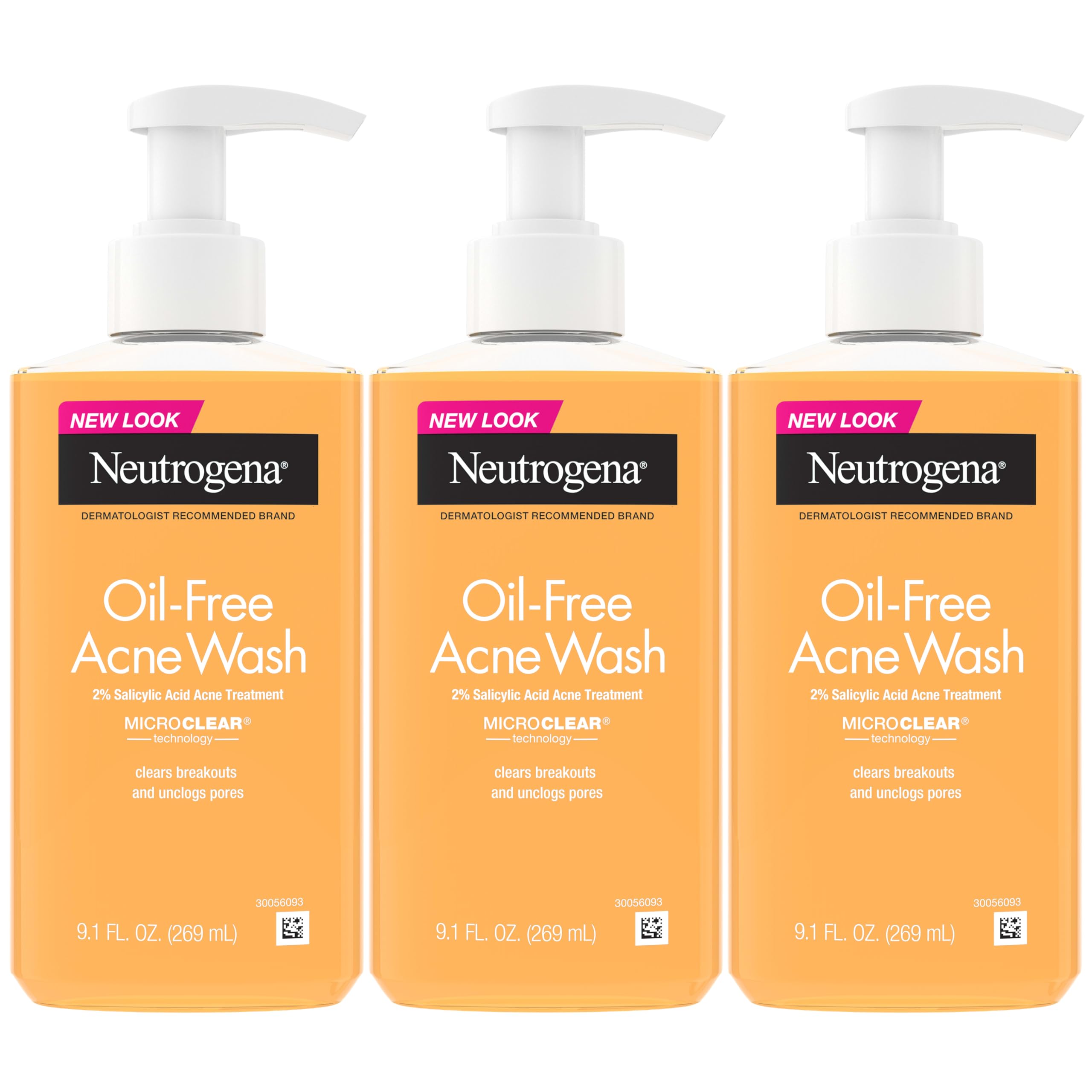 Neutrogena Oil-Free Acne Wash for Oily Skin, 2% Salicylic Acid Cleanser, Noncomedogenic, Residue-Free, 9. 1 fl oz, 3 Count