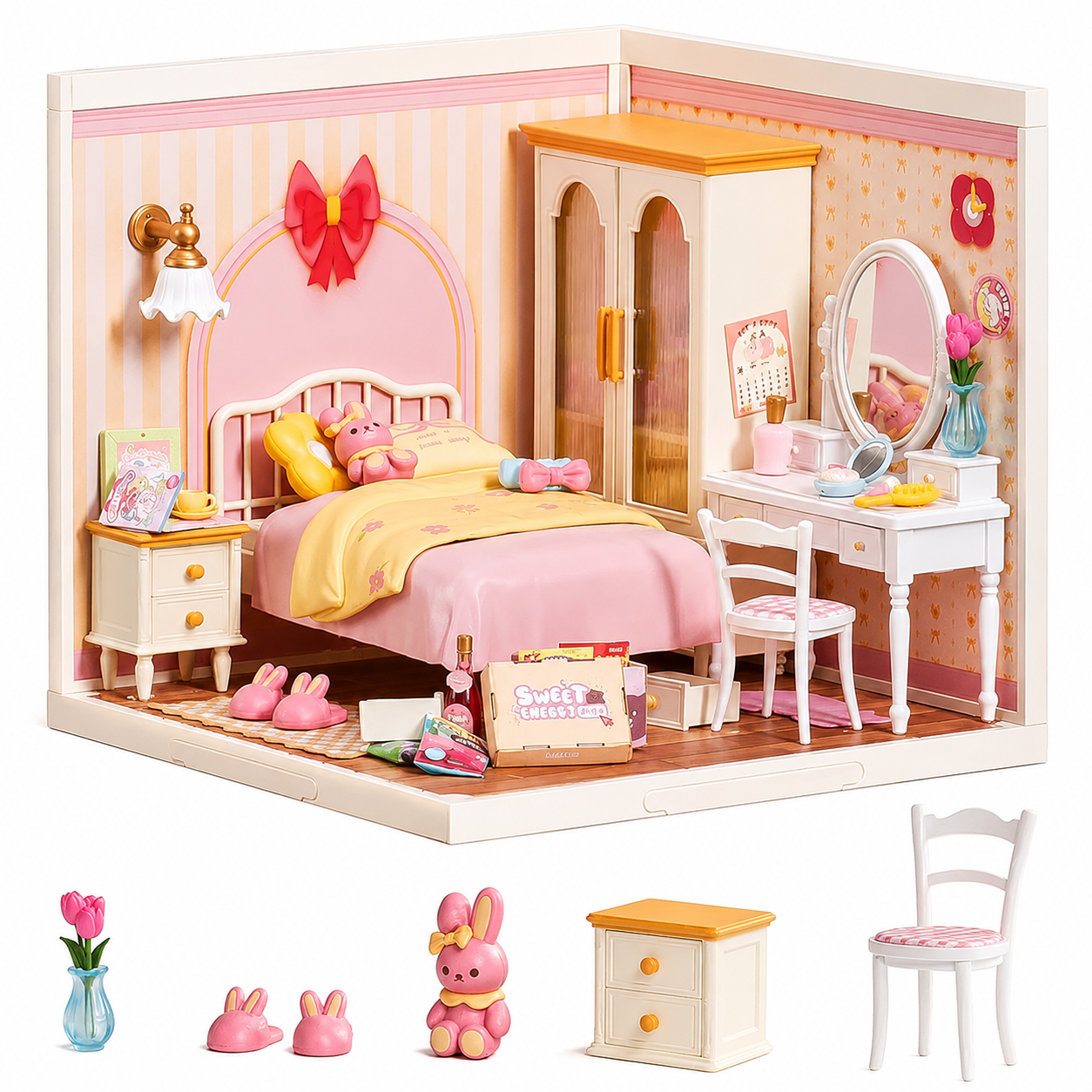Rolife Super Creator Lovely Pink Bedroom DW016 — Pink Dream Miniature DIY Bedroom Kit with LED, No Glue Snap-Fit, Stackable