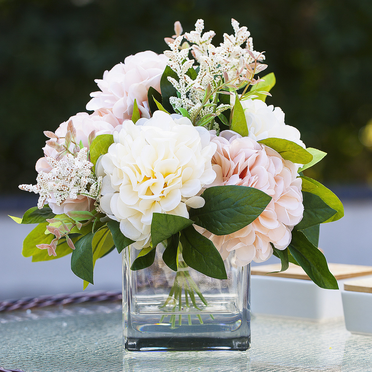 Enova Floral Cream Beige Realistic Dahlia in Glass Vase Decorative Arrangement | High-Quality Silk Flowers | Faux Water Design | ~11-inch Tabletop Accent