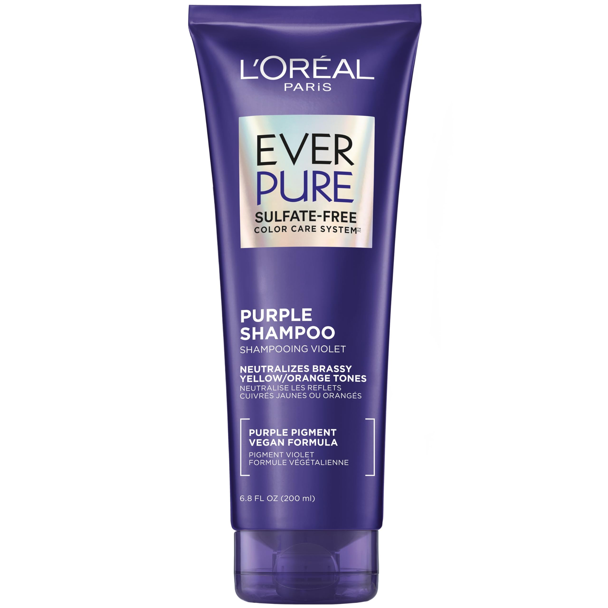 L’Oreal Paris Sulfate Free Brass Toning Purple Shampoo for Blonde, Bleached, Silver, or Brown Highlighted Hair, EverPure, 6. 8 Fl Oz (Packaging May Vary)