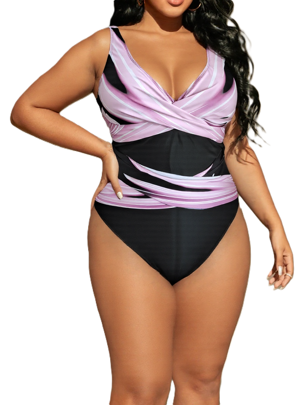 Pink Purple Wrap V-Neck Plus Size One Piece Swimsuit