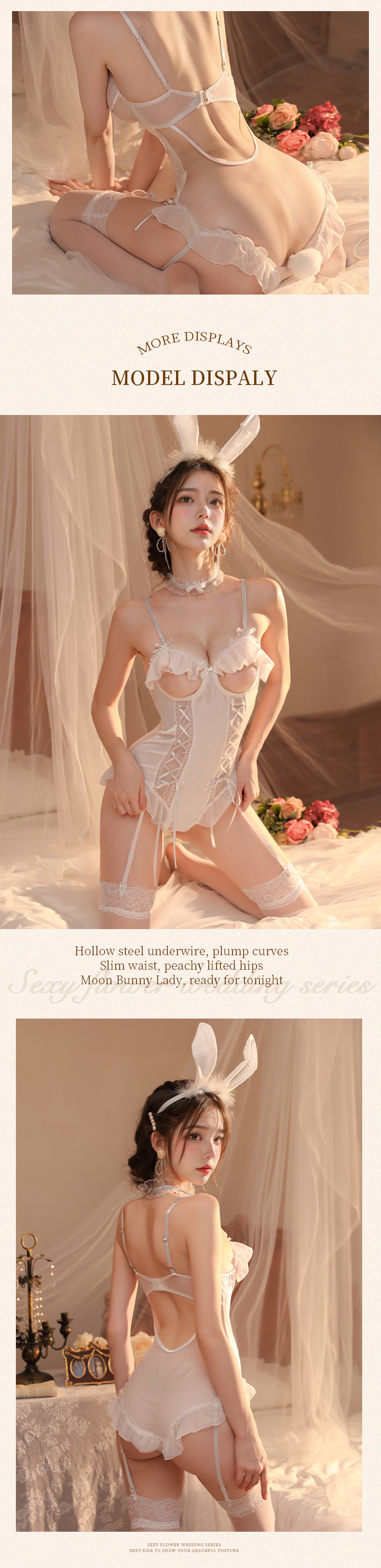 Sexy Bunny Open-Crotch Bodysuit Set — Women's Lingerie Bunny Ear Roleplay Costume with Underwire Cutout Cups, Lace Mesh Garters, Includes Bunny Ear Headband, Choker & Pom Pom Tail detail image 5