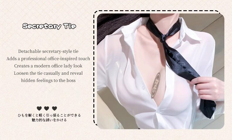 Conjunto de uniforme estilo secretaria sensual: blusa blanca transparente y falda lápiz negra, ropa interior de juego de rol para mujer con corbata y tanga, pijama de pareja estilo oficina detail image 6