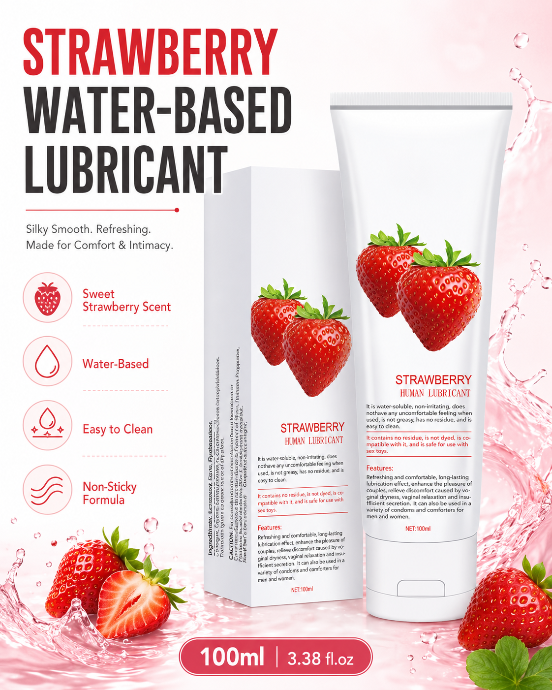 Miss Miao Strawberry-Scented Personal Lubricant 100ml — Water-Based, Silky Smooth, Non-Sticky, Easy to Wash Off, Sweet Fruity Aroma for Couples and Daily Intimate Care detail image 1