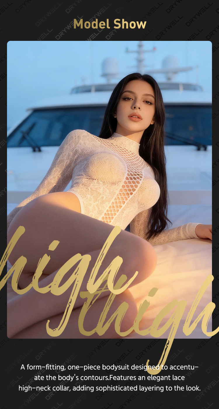 DRYWELL White High-Neck Long-Sleeve Lace Bodysuit — Sheer Mesh, Diamond Mesh Panel, High-Cut Slim Fit, Pre-Sterilized & Scented, One Size detail image 2