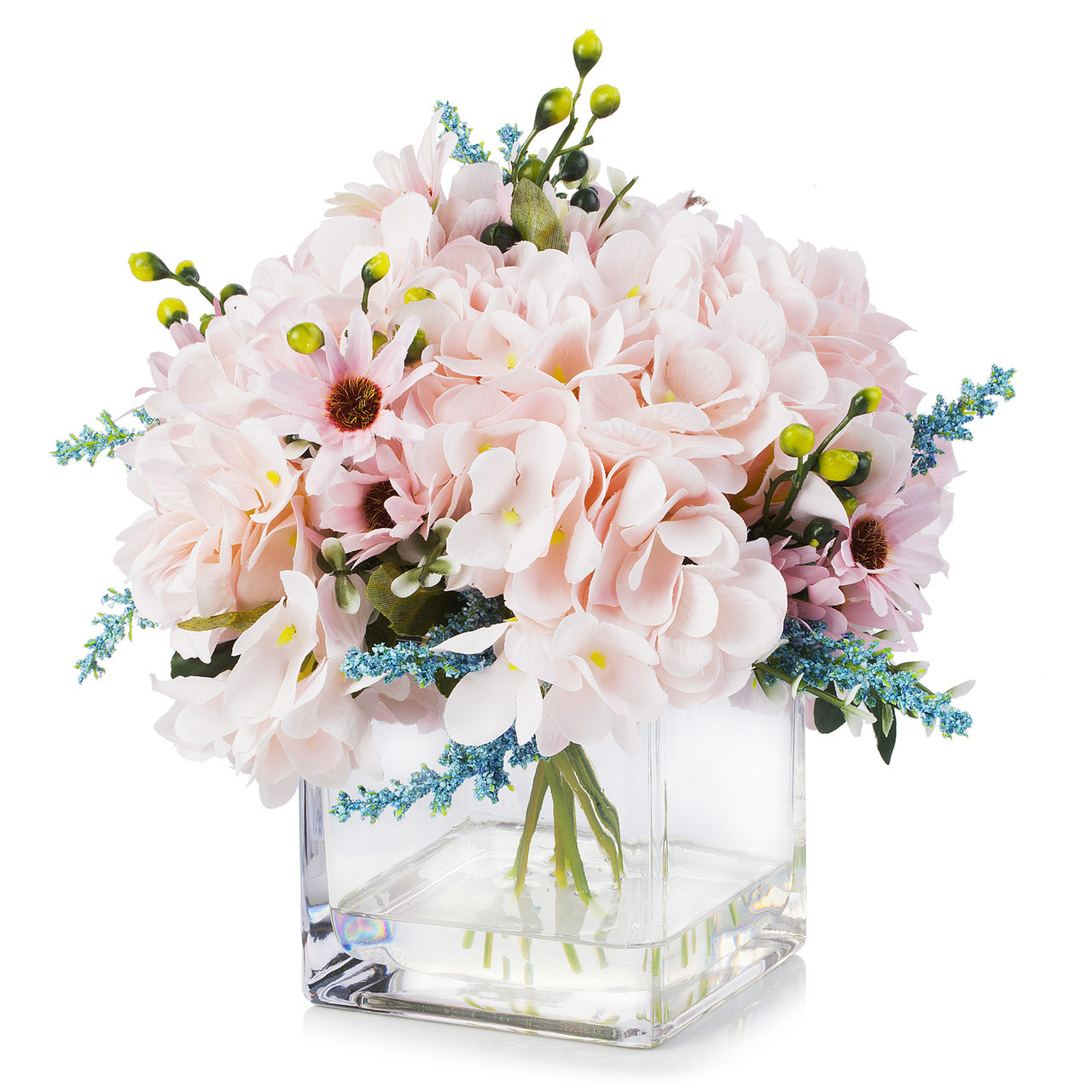 Enova Floral Mixed Silk Artificial Hydrangeas in Square Glass Vase | High-Quality Silk Flowers | Faux Water Design | ~8 inch Tabletop Arrangement detail image 1